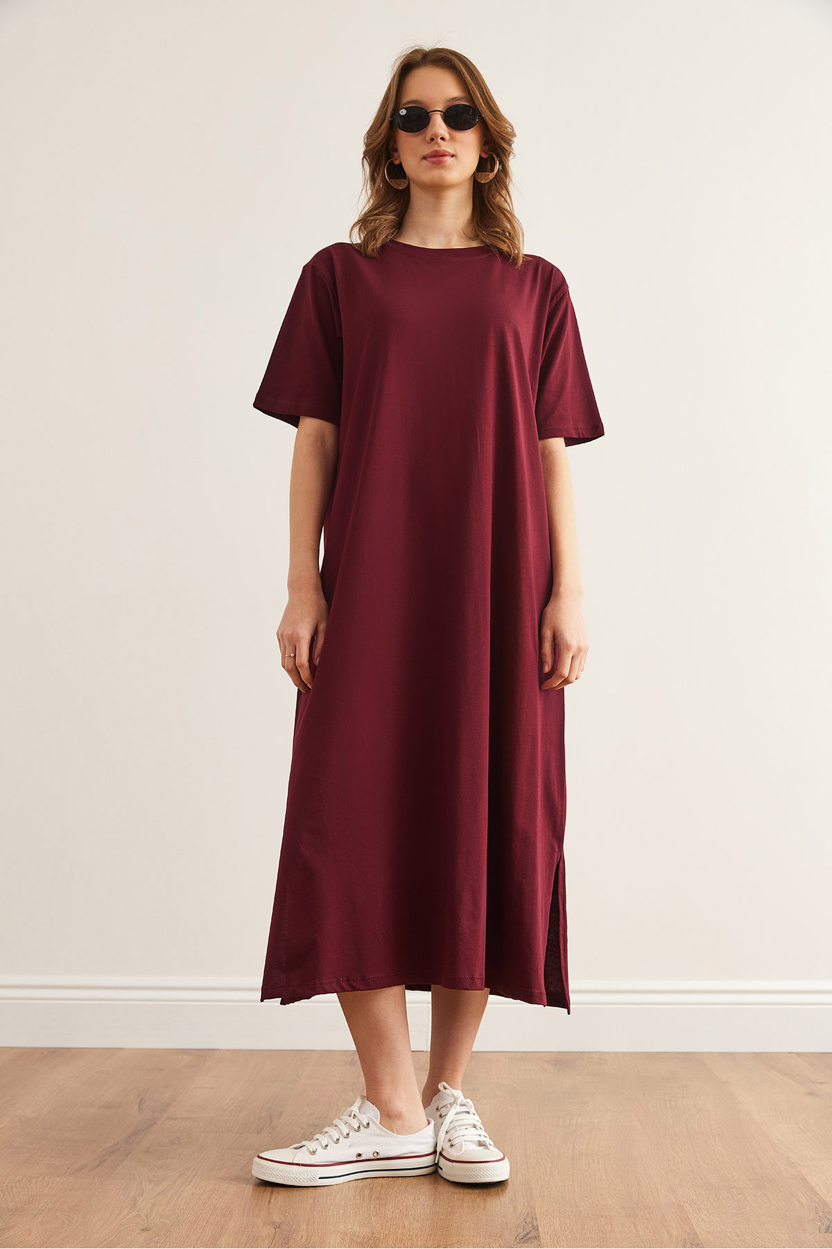 Kadın Bordo Yanı Yırtmaçlı Oversize Pamuk Elbise ELB-19001880