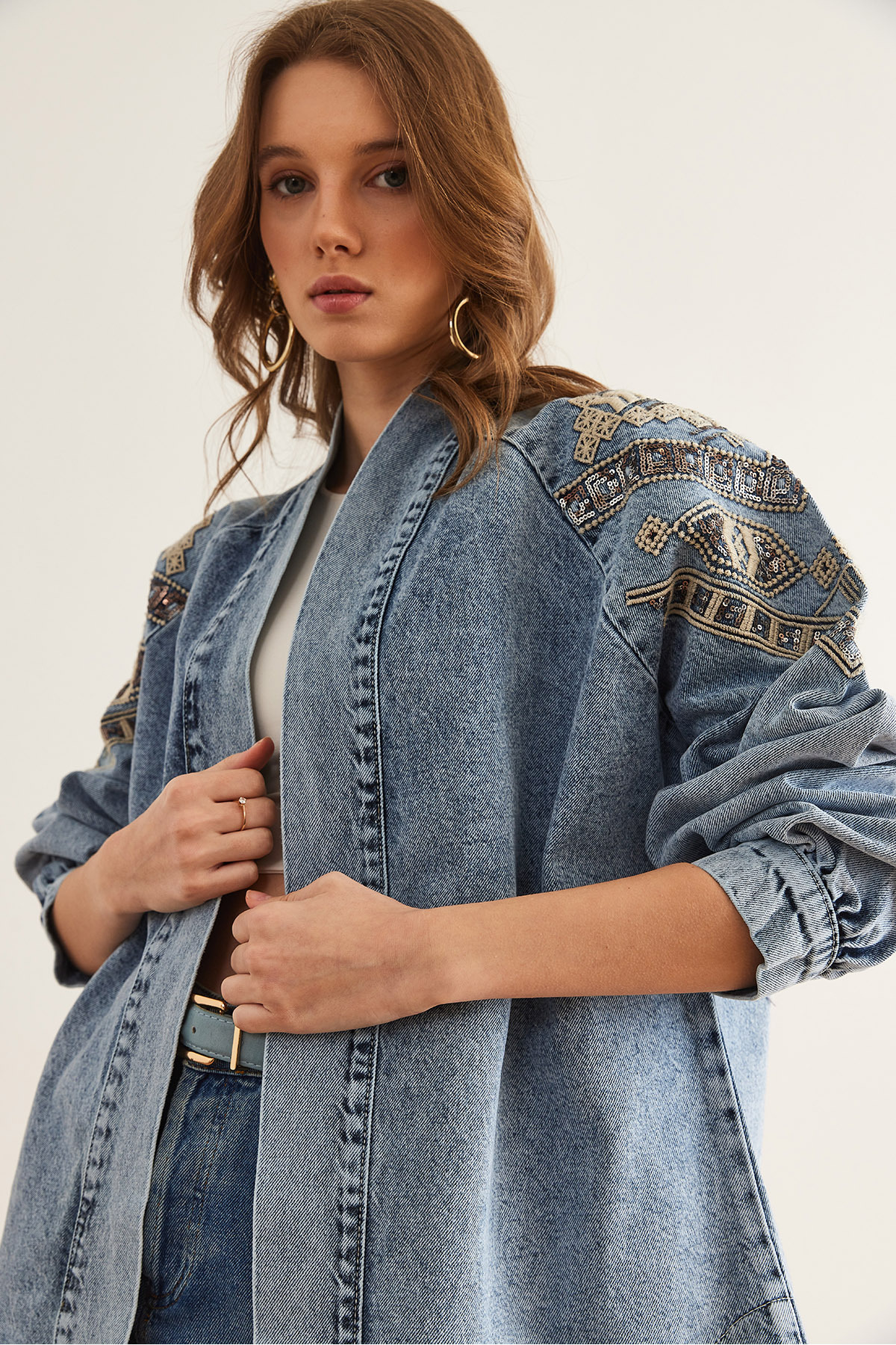 Olalook-Damen Jeansjacke mit geometrischen Pailletten, blauen Pailletten und Paillettenstickerei, detailliert CKT- 19000416 4