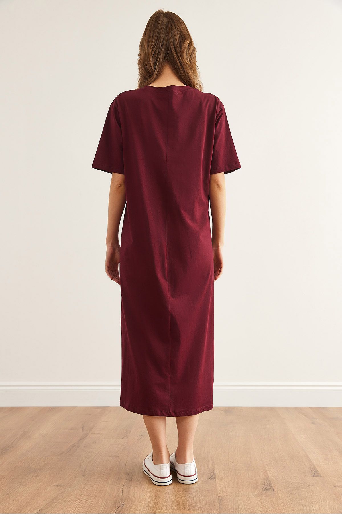 Kadın Bordo Yanı Yırtmaçlı Oversize Pamuk Elbise ELB-19001880