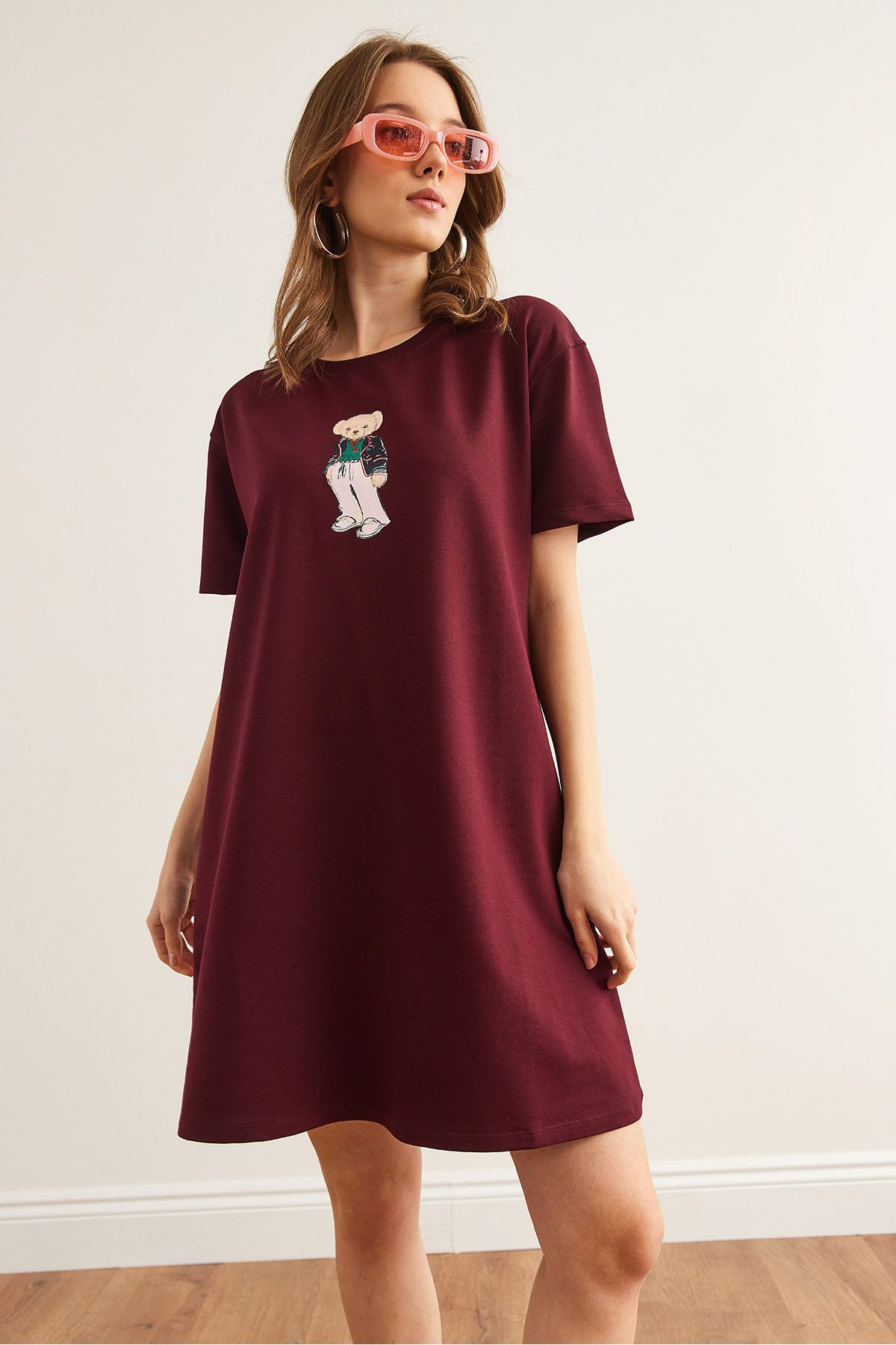 Kadın Bordo Ayıcık Baskılı Tunik Elbise ELB-19002352