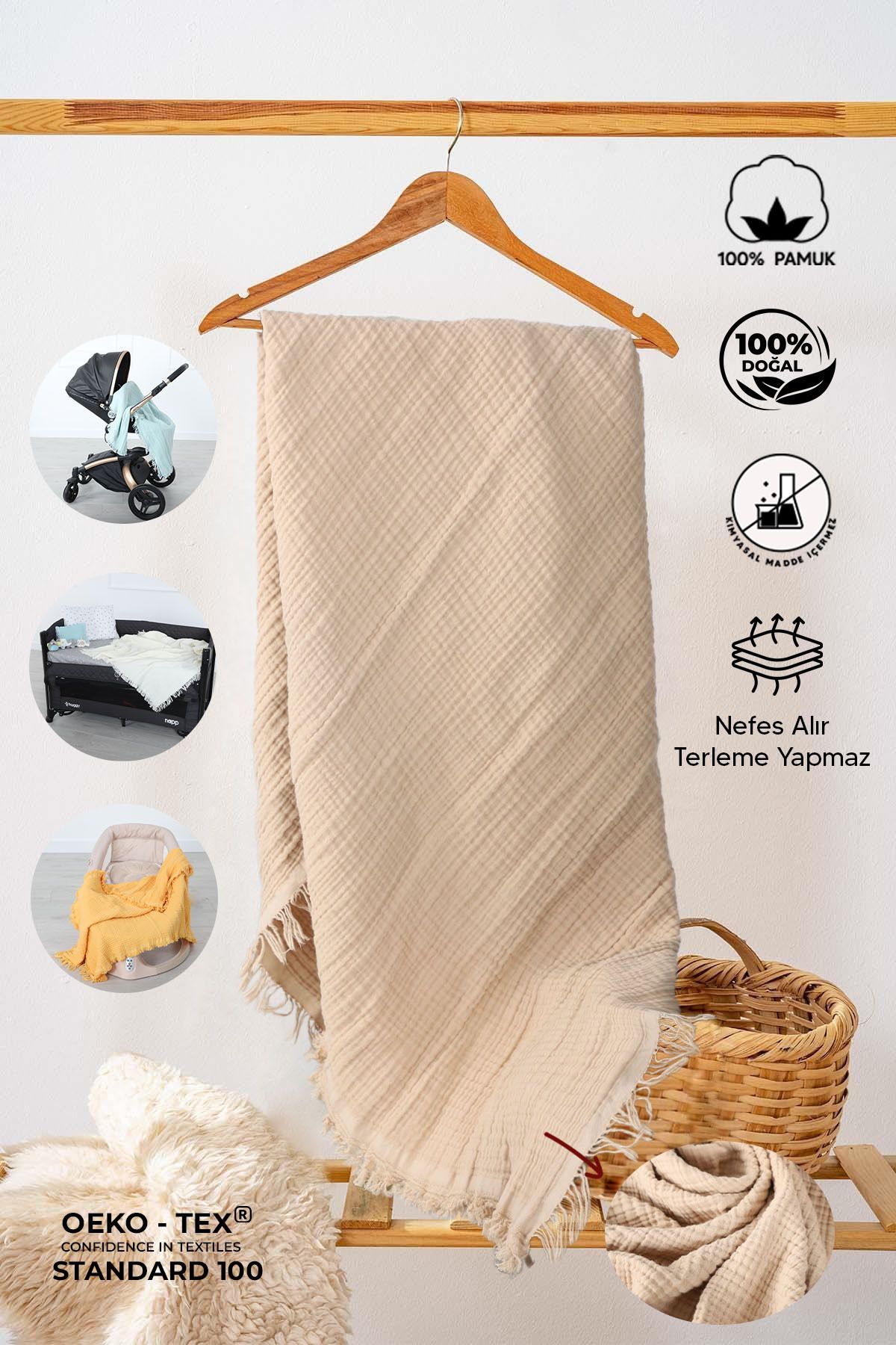 Bej 4 Katlı %100 Pamuk Müslin Bebek Battaniyesi 100x130 – Müslin Örtü / Kundak