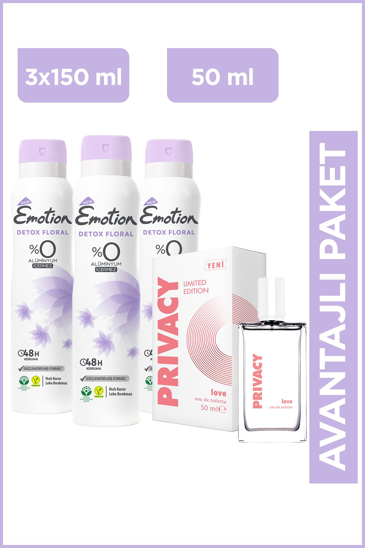 عطر زنانه Love Edt 50ml & Emotion Detox Dedodorant گلدار زنانه 3x150ml Privacy