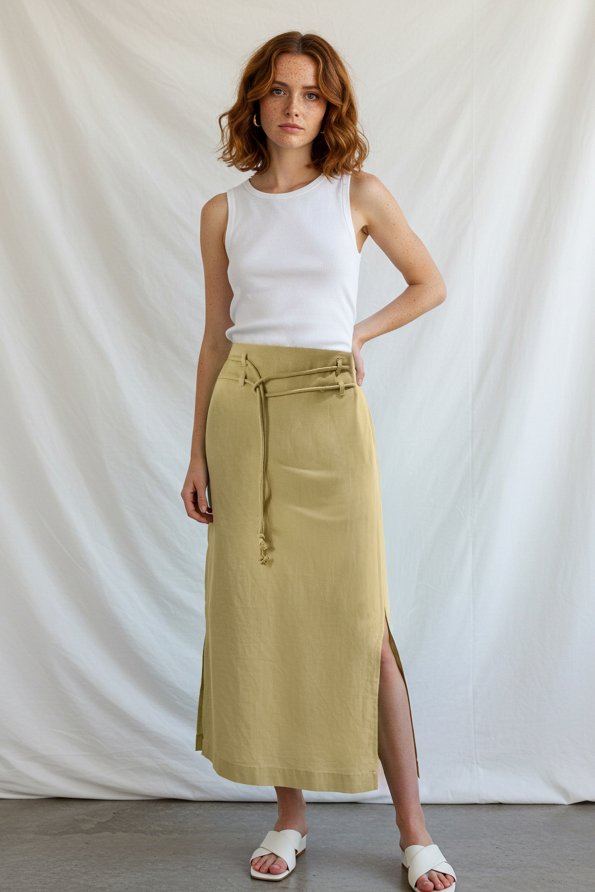 Trendyolmilla  Haki Kordon Kemerli Keten Karışımlı Yandan Yırtmaçlı Maxi Dokuma Etek TWOSS25ET00124 - Görsel 7