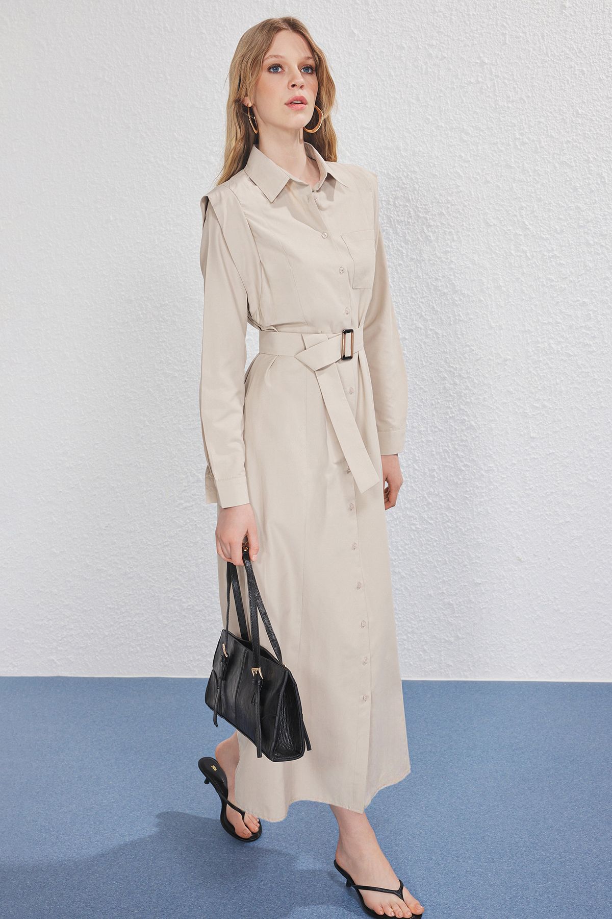 Trendyol Modest Béžová spona na opasok detailne tkané šaty z froté bavlny TCTSS25EB00134