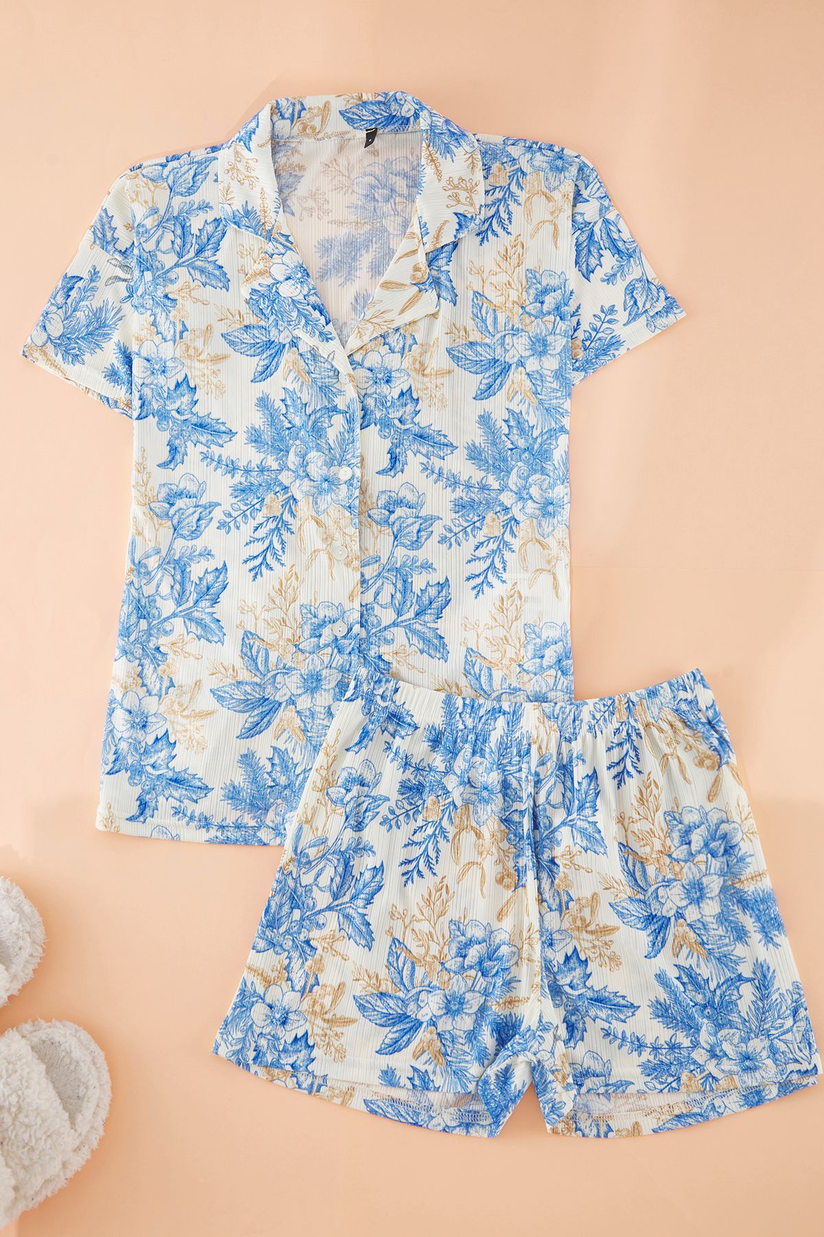 Edit by Trendyol-Σετ Πιτζάμες Πλεκτό Μπλε Floral Κορδόνι TEDSS25PT00006 1
