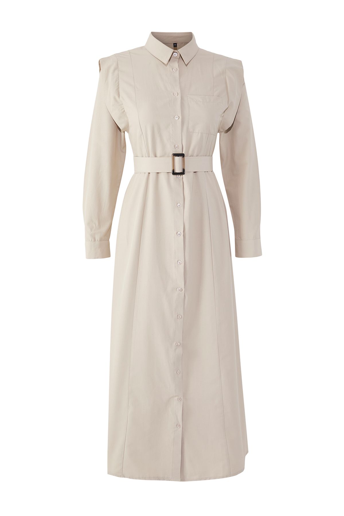 Trendyol Modest-Beigefarbenes Kleid aus gewebter Frottee mit Gürtelschnalle und detailliertem Detail TCTSS25EB00134 5