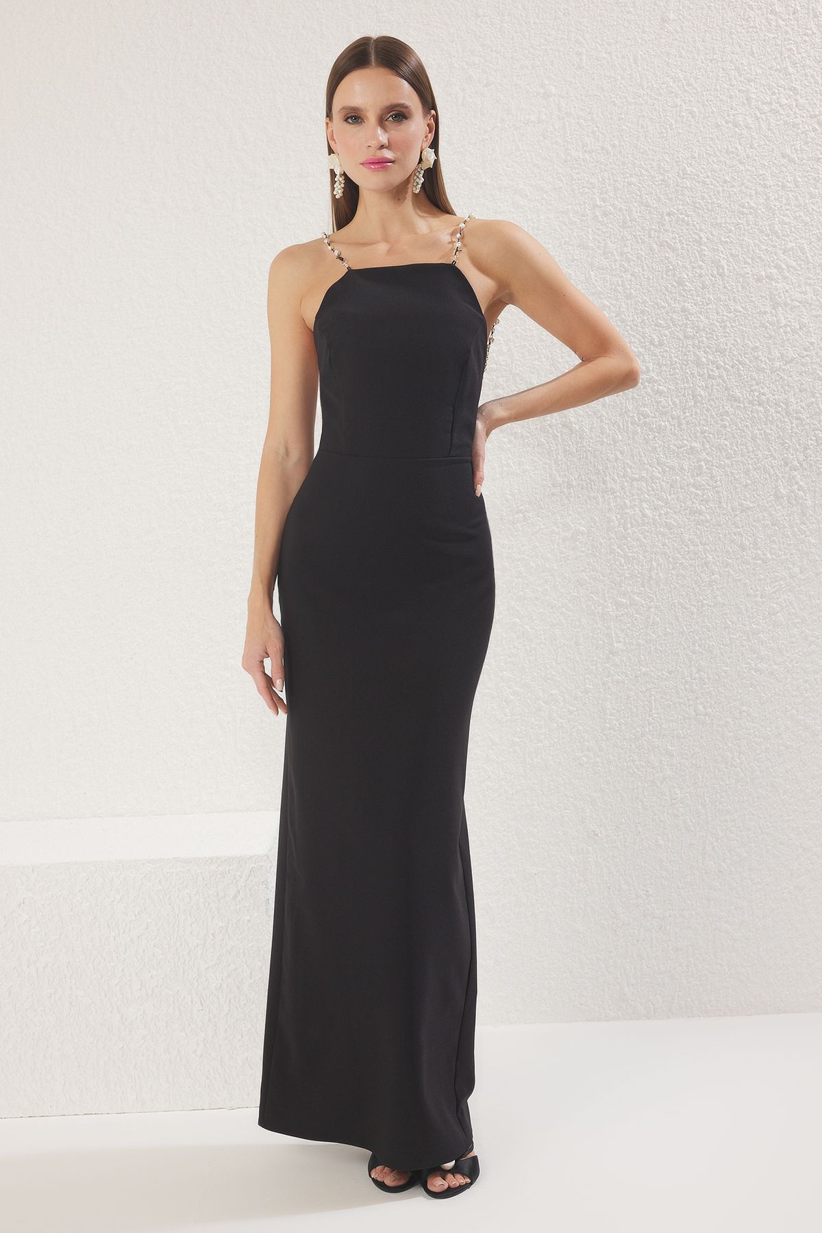 Trendyol Collection Czarna Perłowa Tkana Długa Elegancka Wieczorowa Sukienka Na Zakończenie Szkoły Kobieta - 38