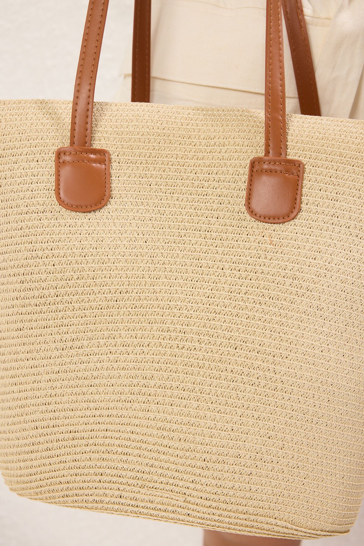 TRENDYOL SHOES-Beige Straw Handle Women's Maxi Shoulder Bag Takss25Oc00051 3