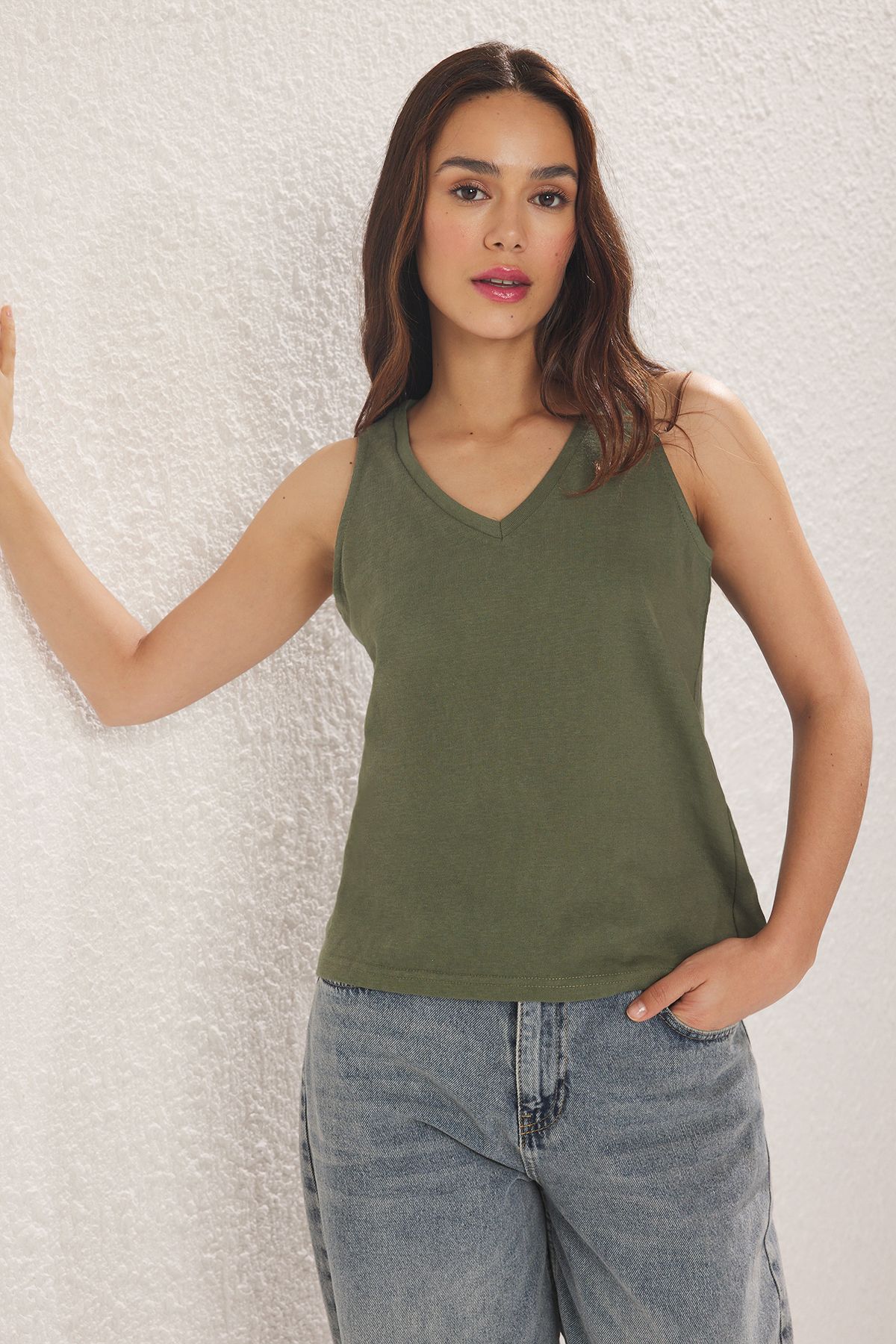 Trendyol Collection-Khaki Linen Look Regular/Normal Fit Knitted Undershirt Twoss25Al00037 2