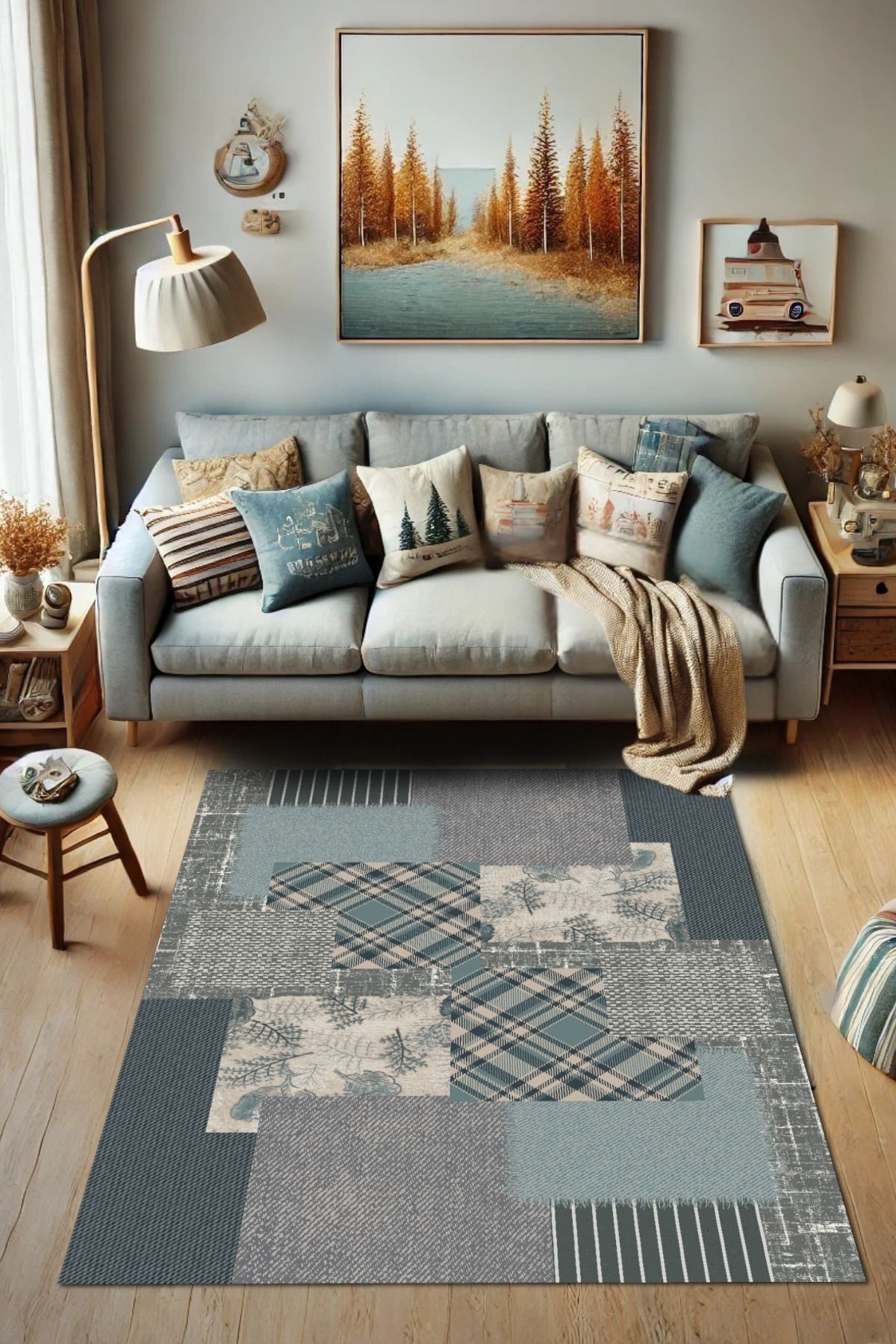 The Reef Design Yeşil Geometrik Patchwork Halı Dijital Baskı Salon Halısı Dokuma Tabanlı Kaymaz Yazlık Halısı