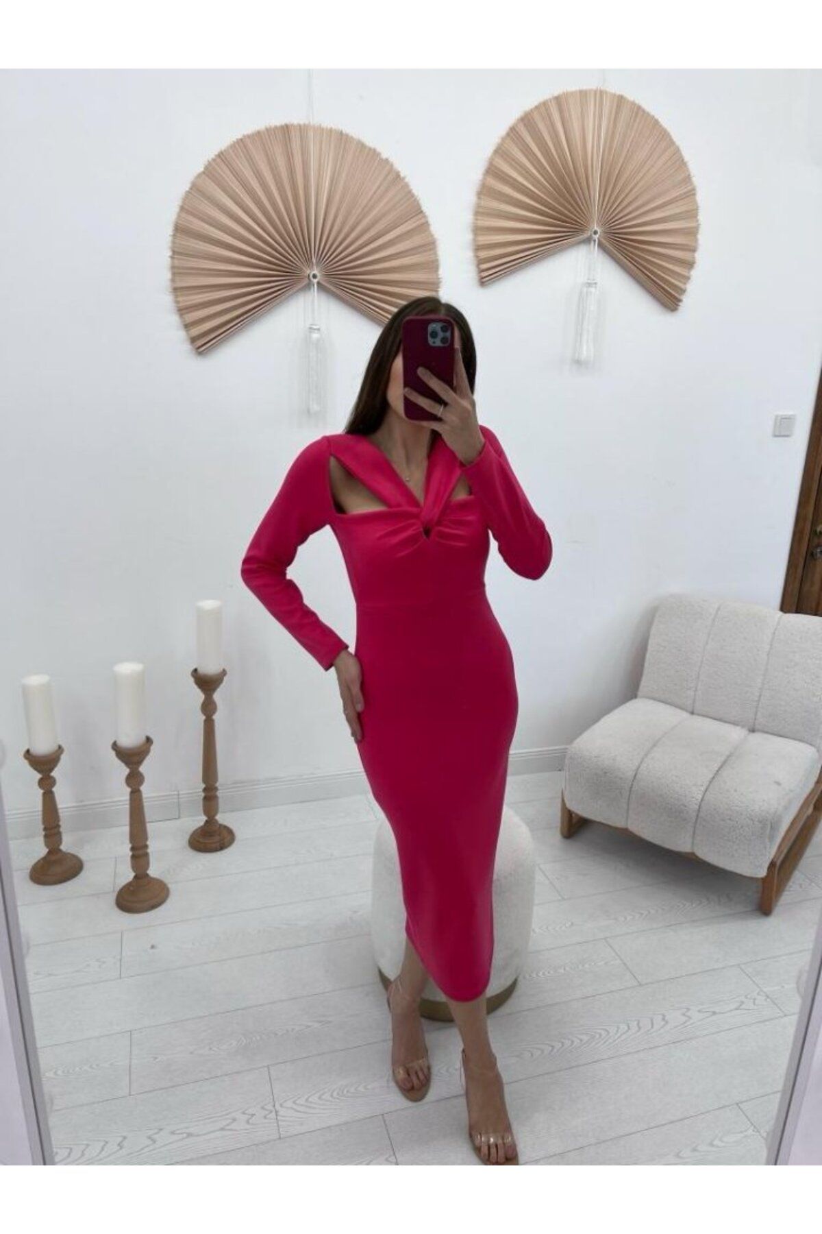MRA Fashion Fuşya Göğüsü Büklüm Elbise