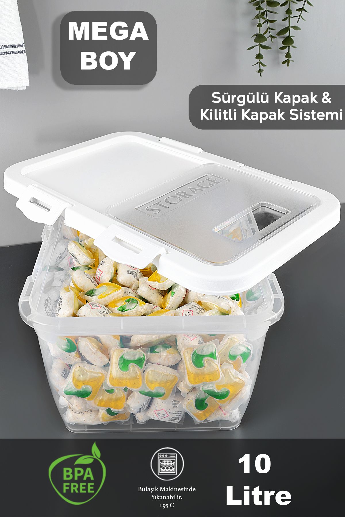 Meleni Home-1 Piece Labelled Detergent Storage Box - Sliding Lid with Lock Tablet Powder Detergent Container 10 Lt White 3