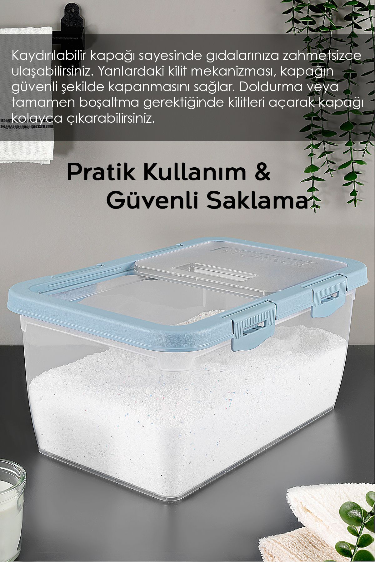 Meleni Home-10 Lt Blue Tablet Powder Detergent Container with Label, Locking Sliding Lid Storage Box 5