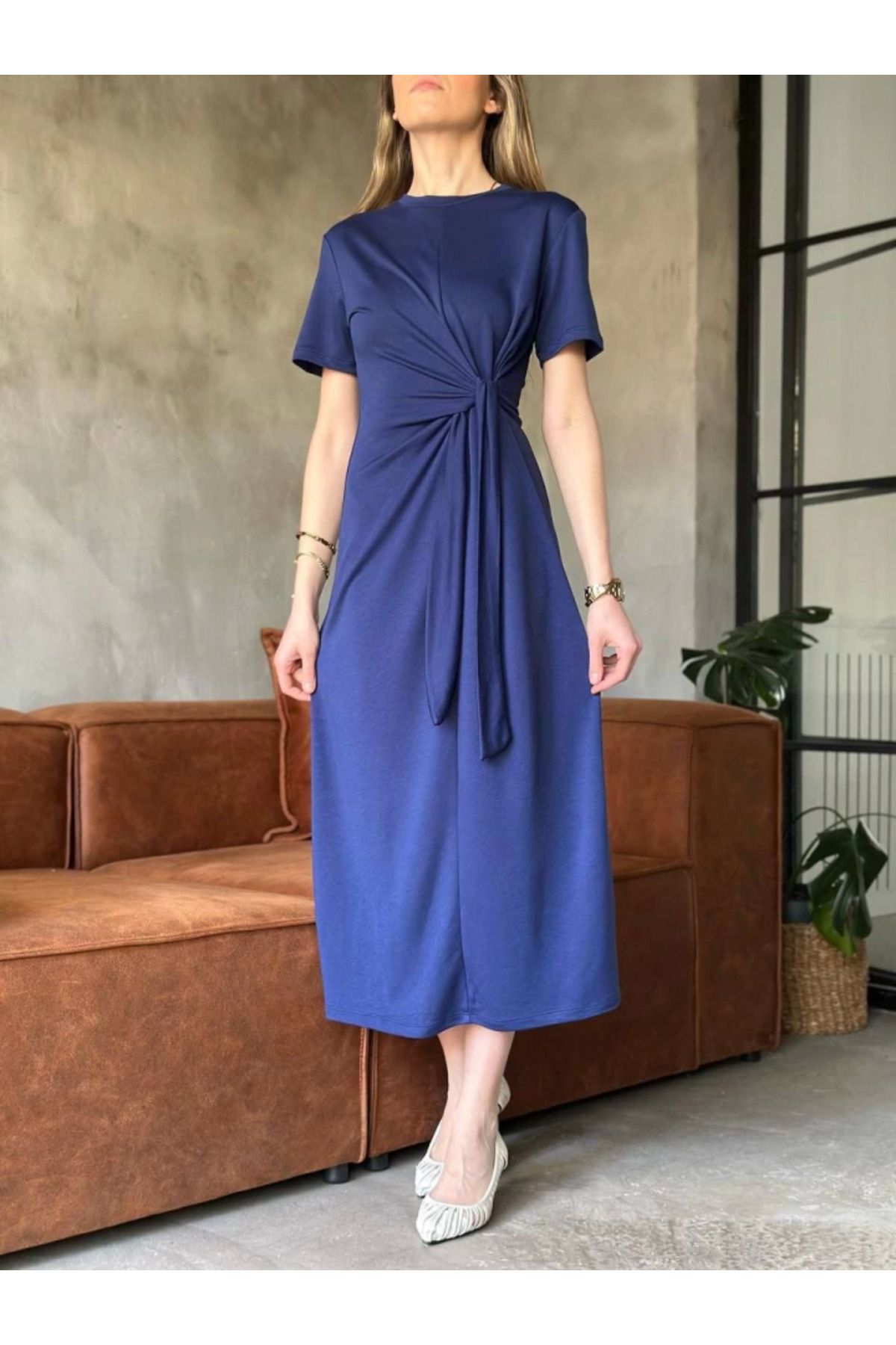 fh fashionhere Osy Modal Yumuşak Dokulu Kumaş Yandan Bağlamalı Elbise - Lacivert