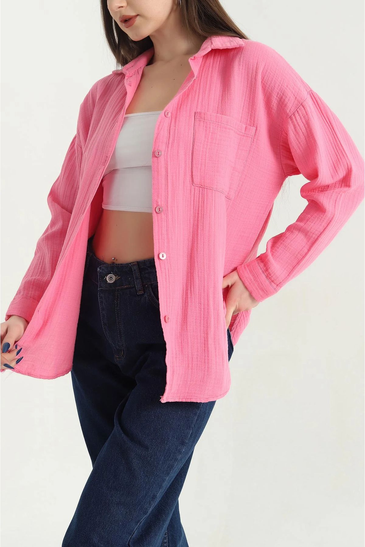 vuvutasarım-New Season Pink Muslin Single Pocket Women's Shirt 4