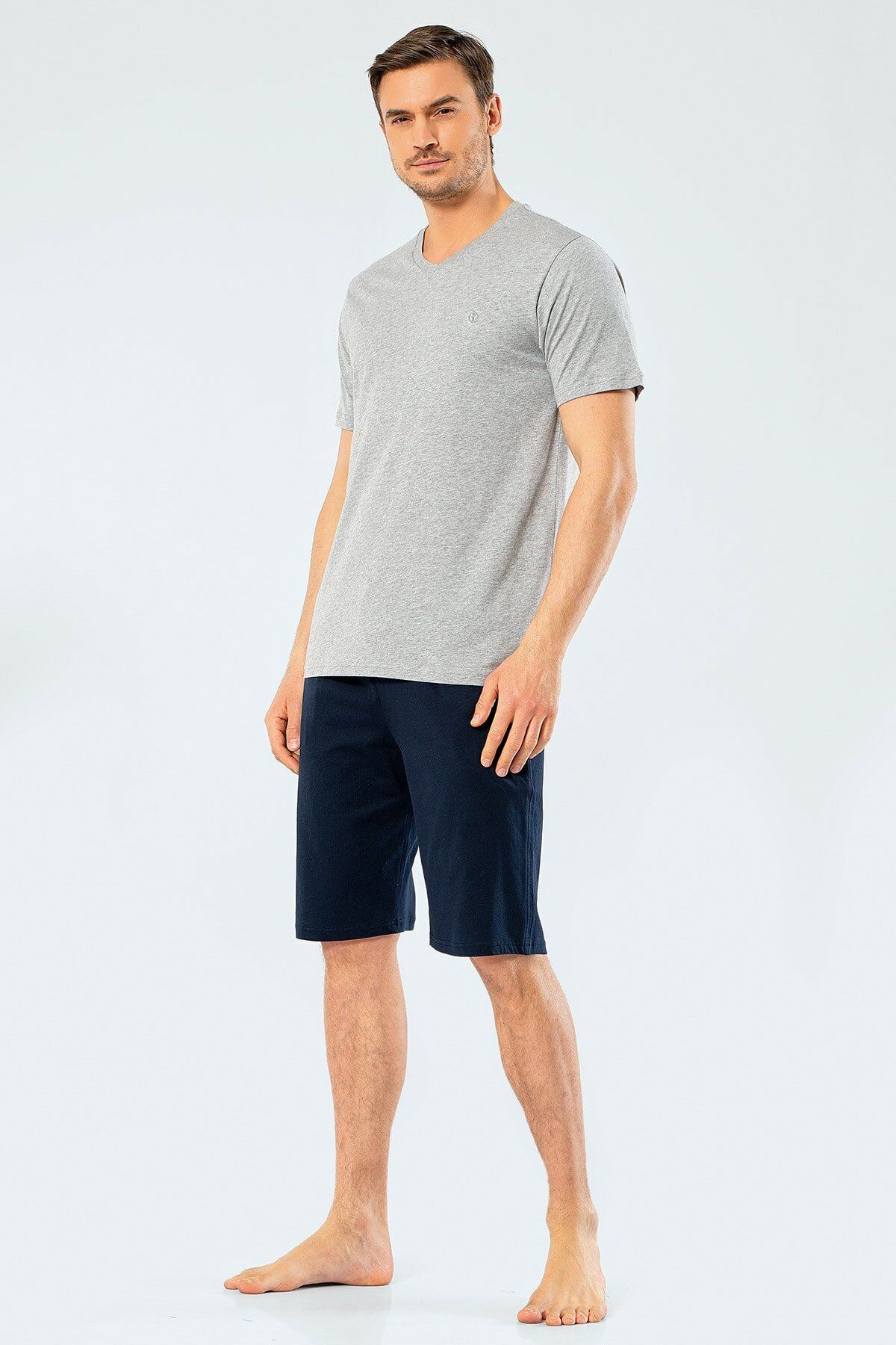 TÜREN Gri Melange Pentru Bărbați, Cu Decolteu În V, Bermude, Pantaloni Scurți, Set De Pijamale Masculin - L