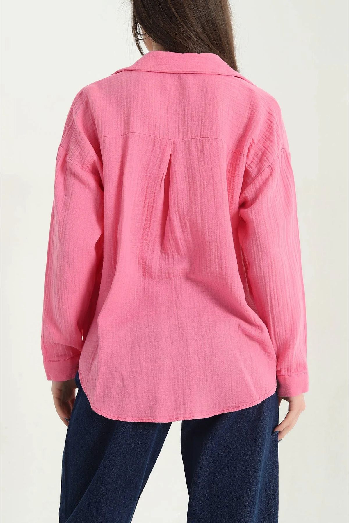 vuvutasarım-New Season Pink Muslin Single Pocket Women's Shirt 3