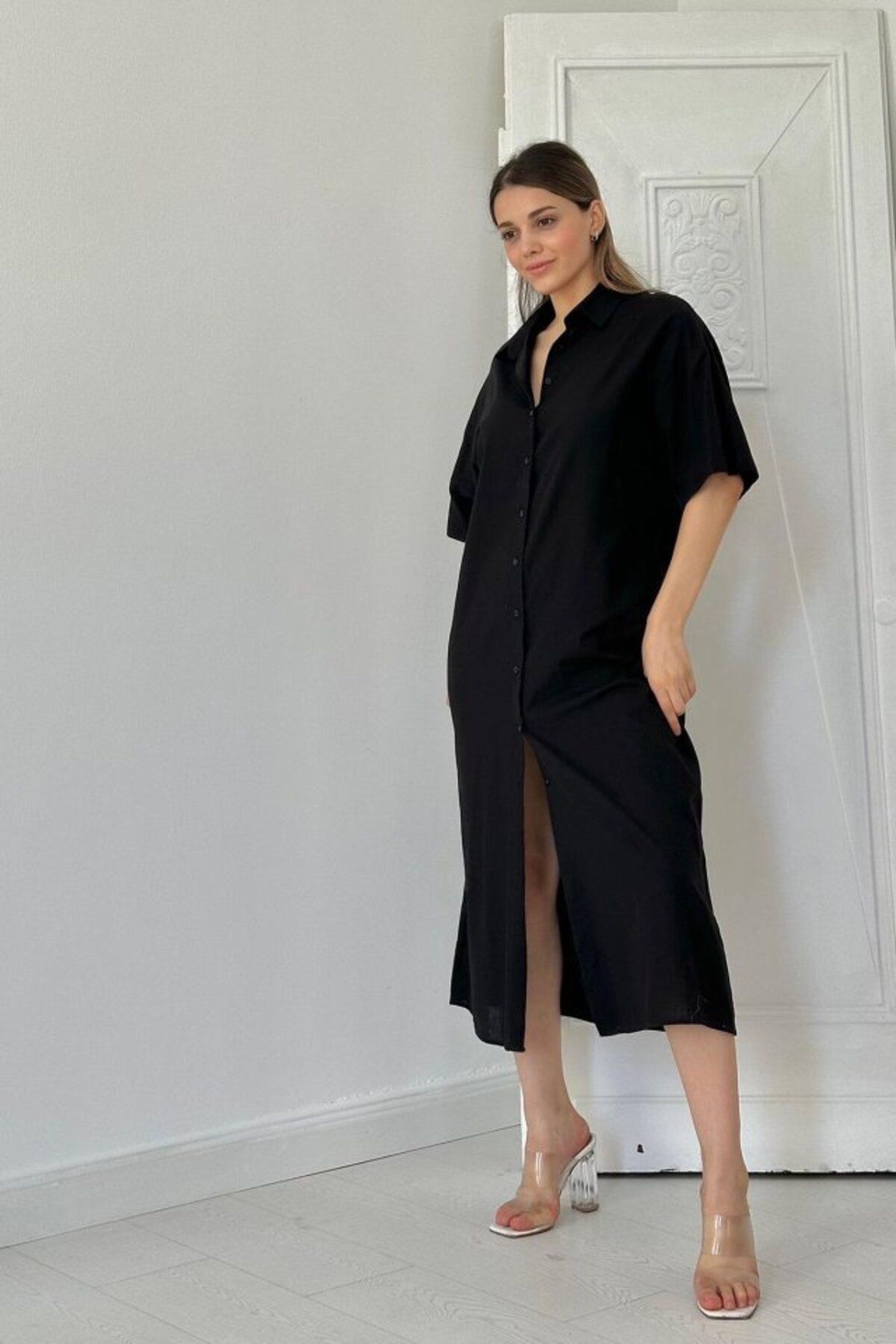 MRA Fashion Siyah Keten Kısa Kollu Elbise