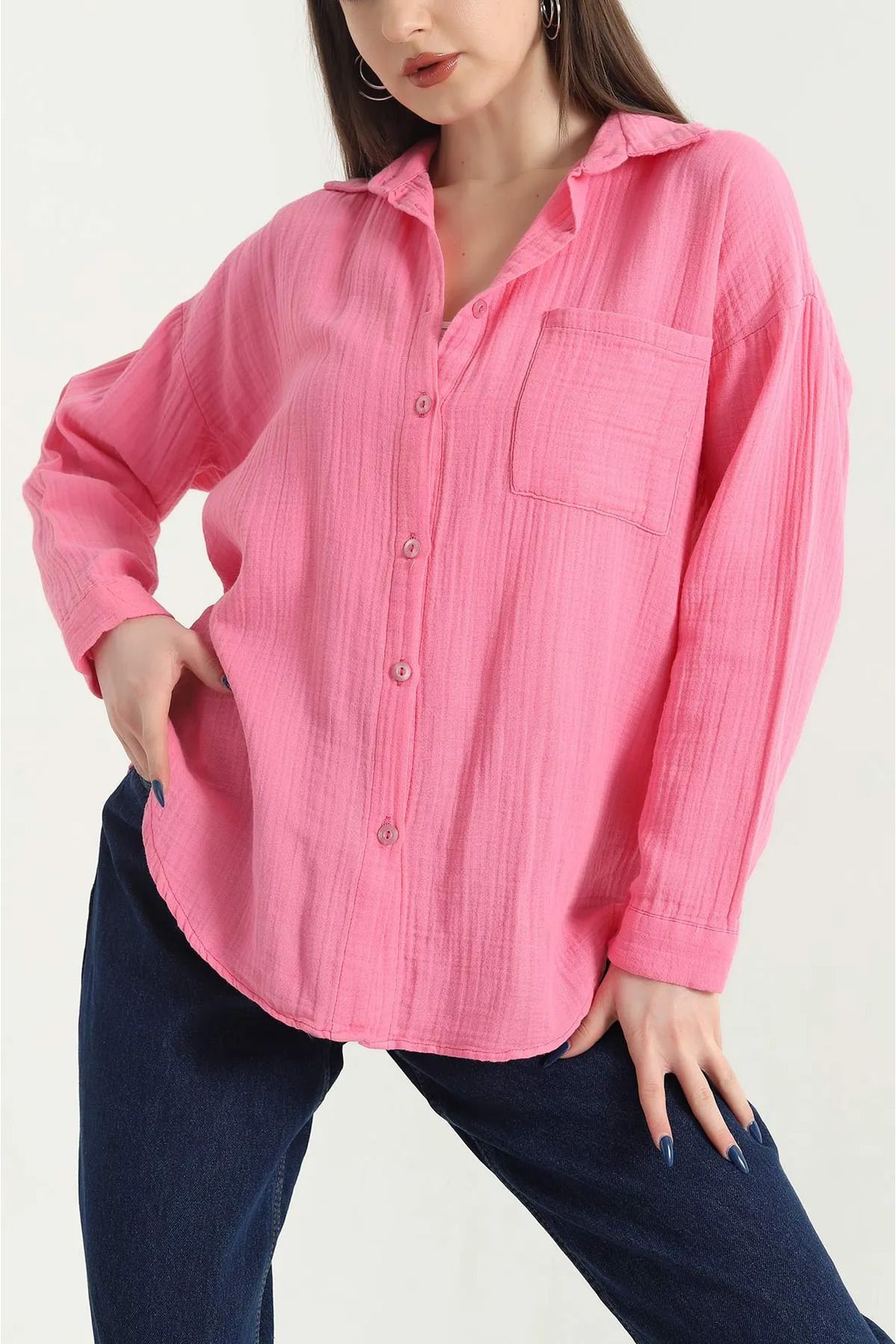 vuvutasarım-New Season Pink Muslin Single Pocket Women's Shirt 2