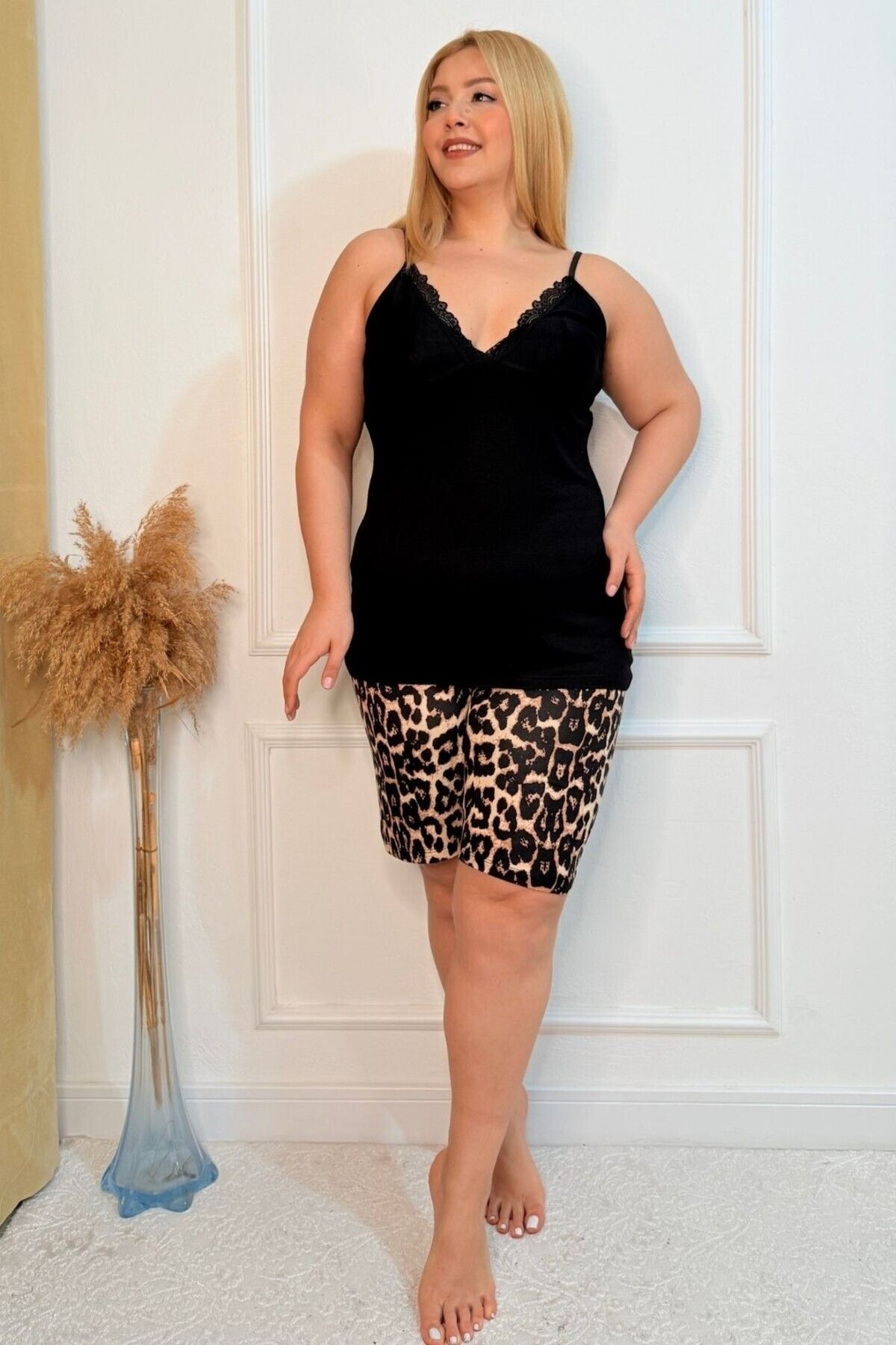 tarzımsüper-Plus Size Comfort Sleepwear Set with Bottom Top Shorts Patterned Double Cotton 2-Piece Bottom-Top Suit 5