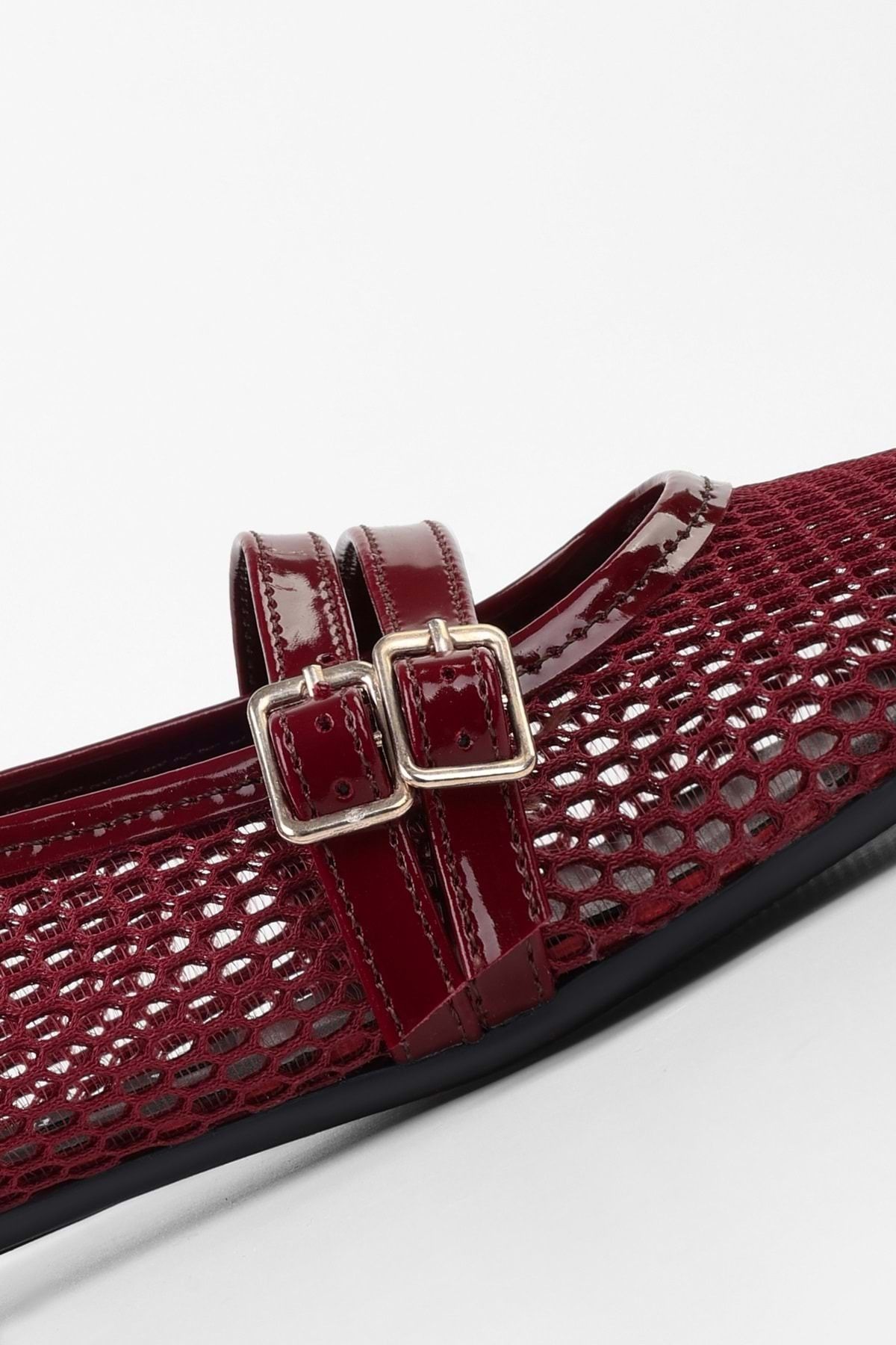 Shoeberry-Damskie baleriny Lume Claret Red Mesh z paskiem i zdobieniem 4