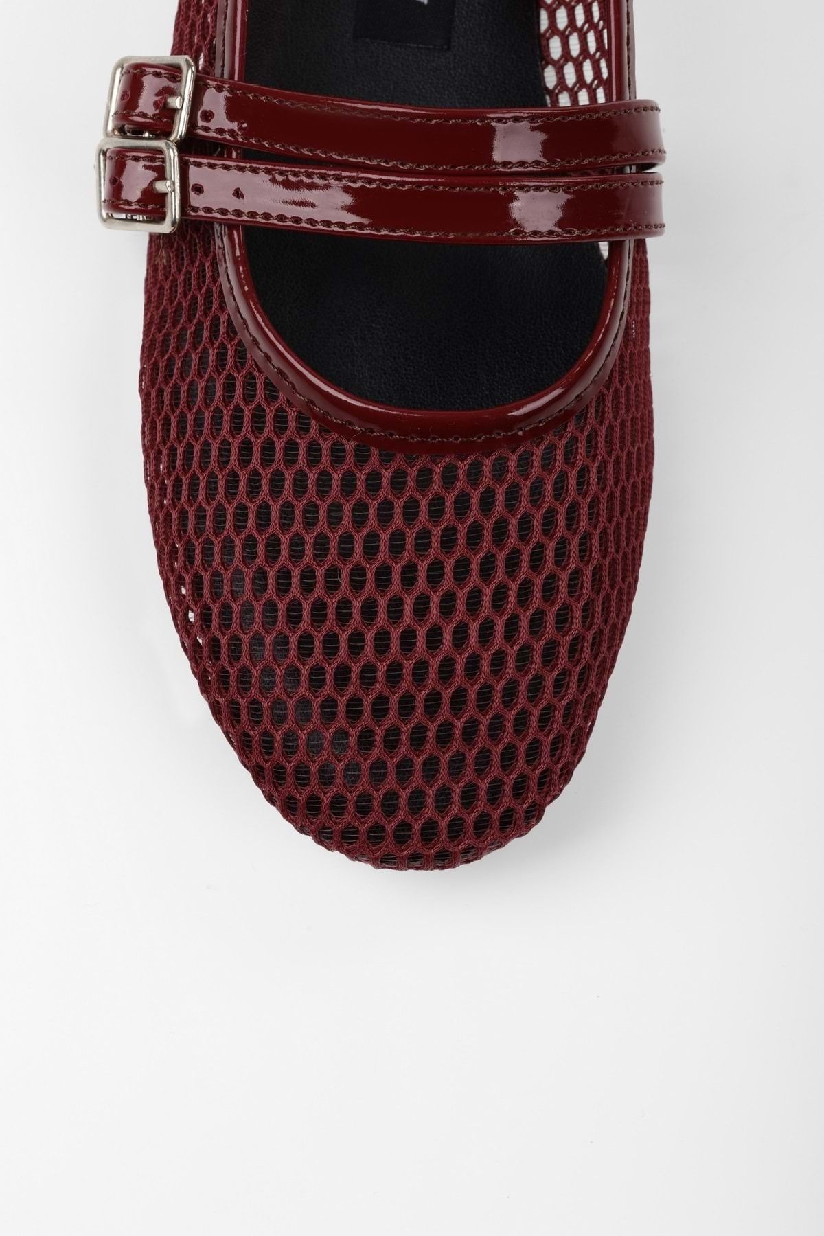 Shoeberry-Damskie baleriny Lume Claret Red Mesh z paskiem i zdobieniem 5