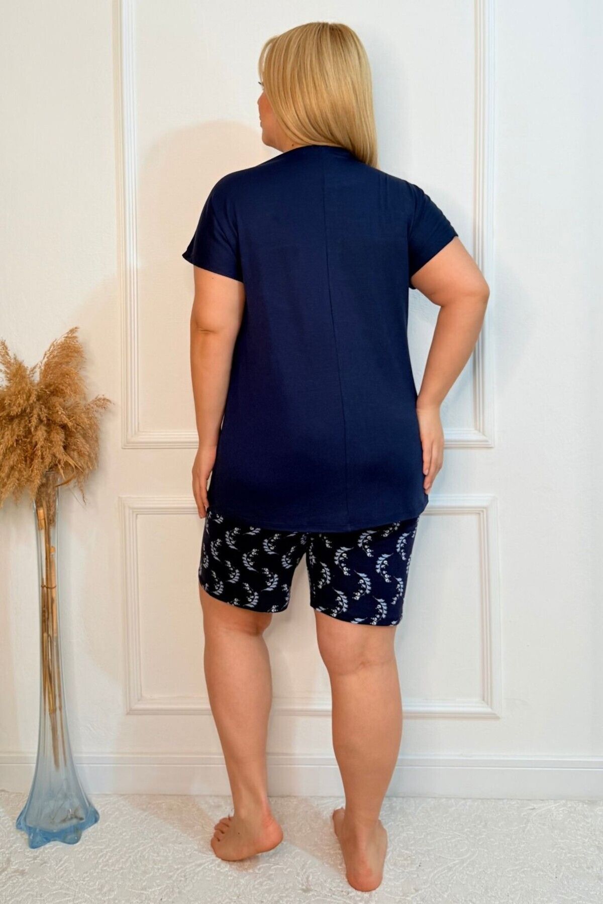 tarzımsüper-Plus Size Comfort Sleepwear Set with Bottom Top Shorts Patterned Double Cotton 2-Piece Bottom-Top Suit 7