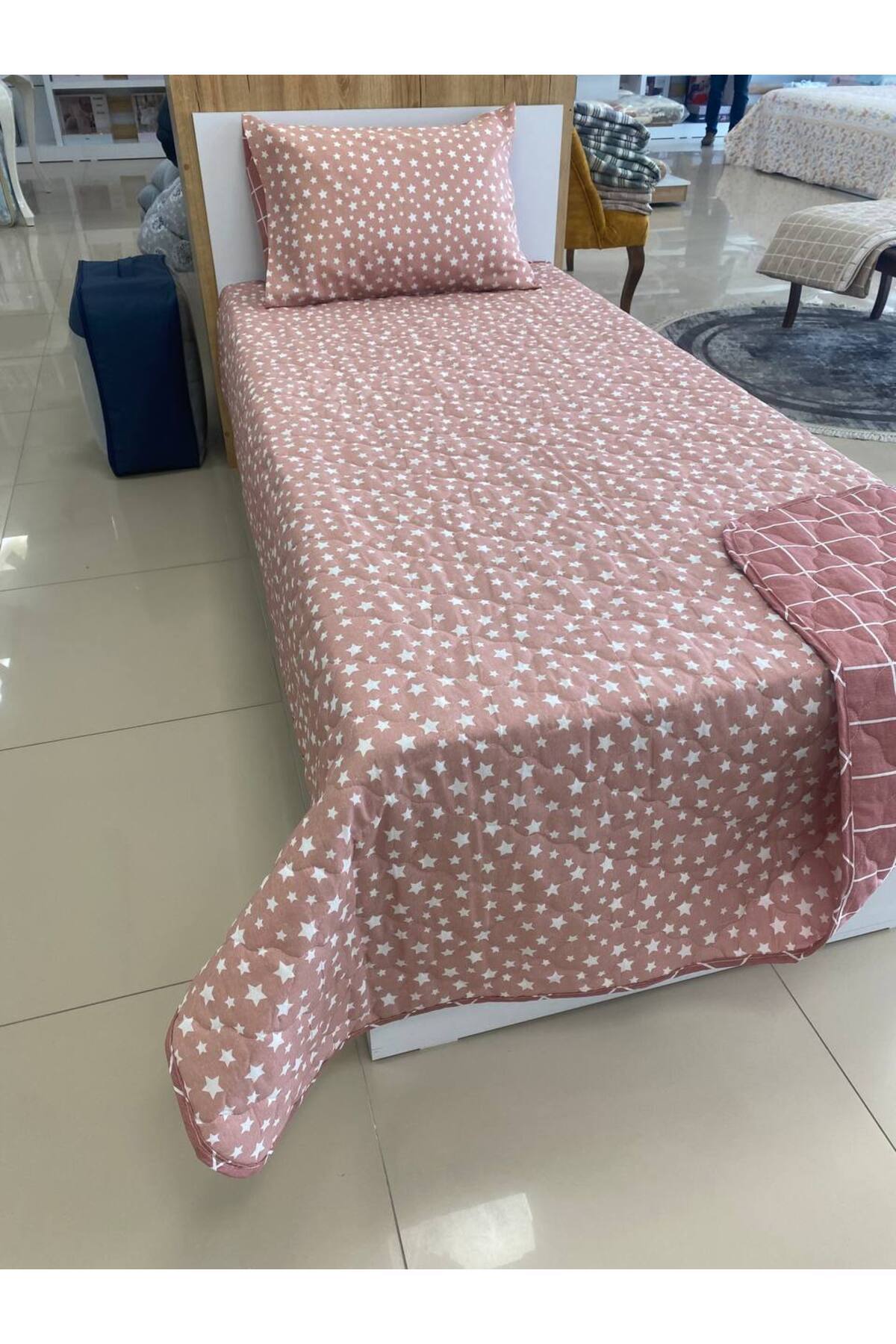 Sudem Home Collection-Single Quilted Bed Cover Set Burgundy Square for Young Room 4