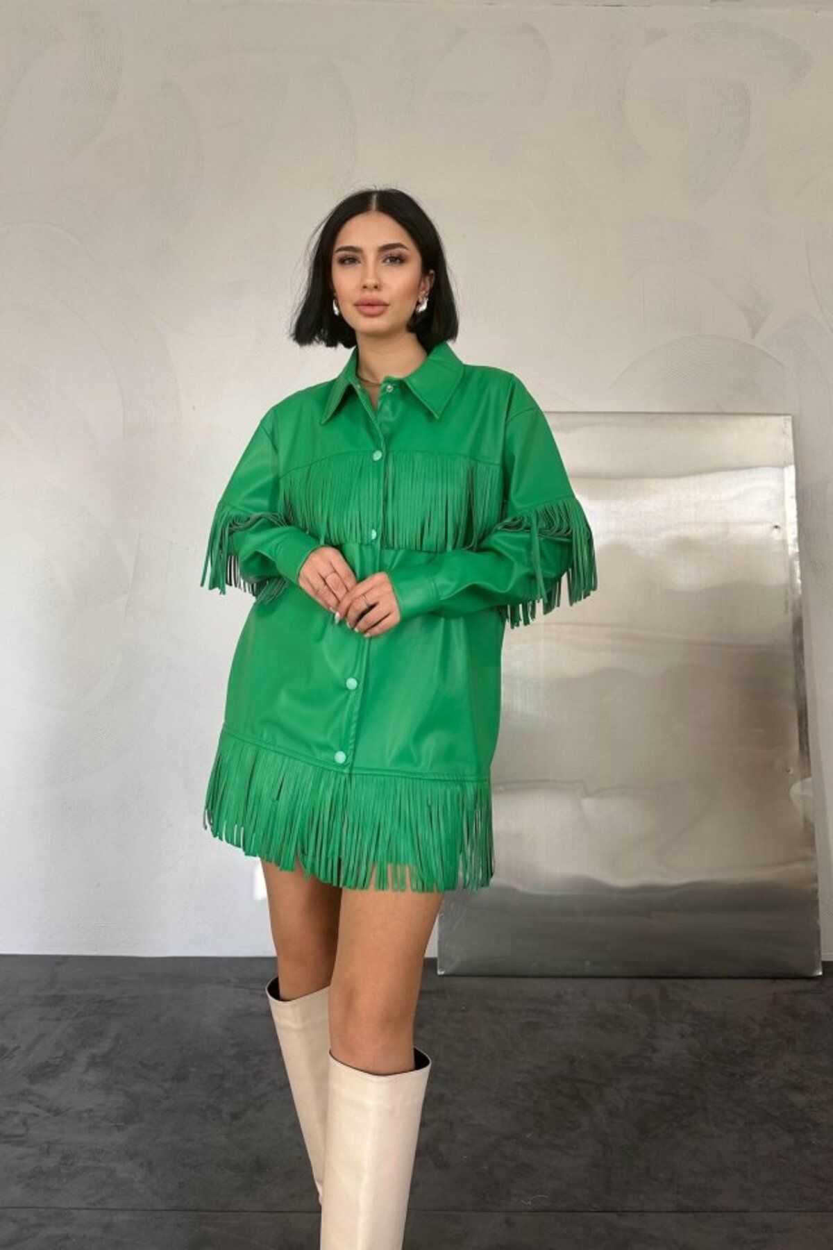 fh fashionhere Yeşil Püsküllü Deri Gömlek