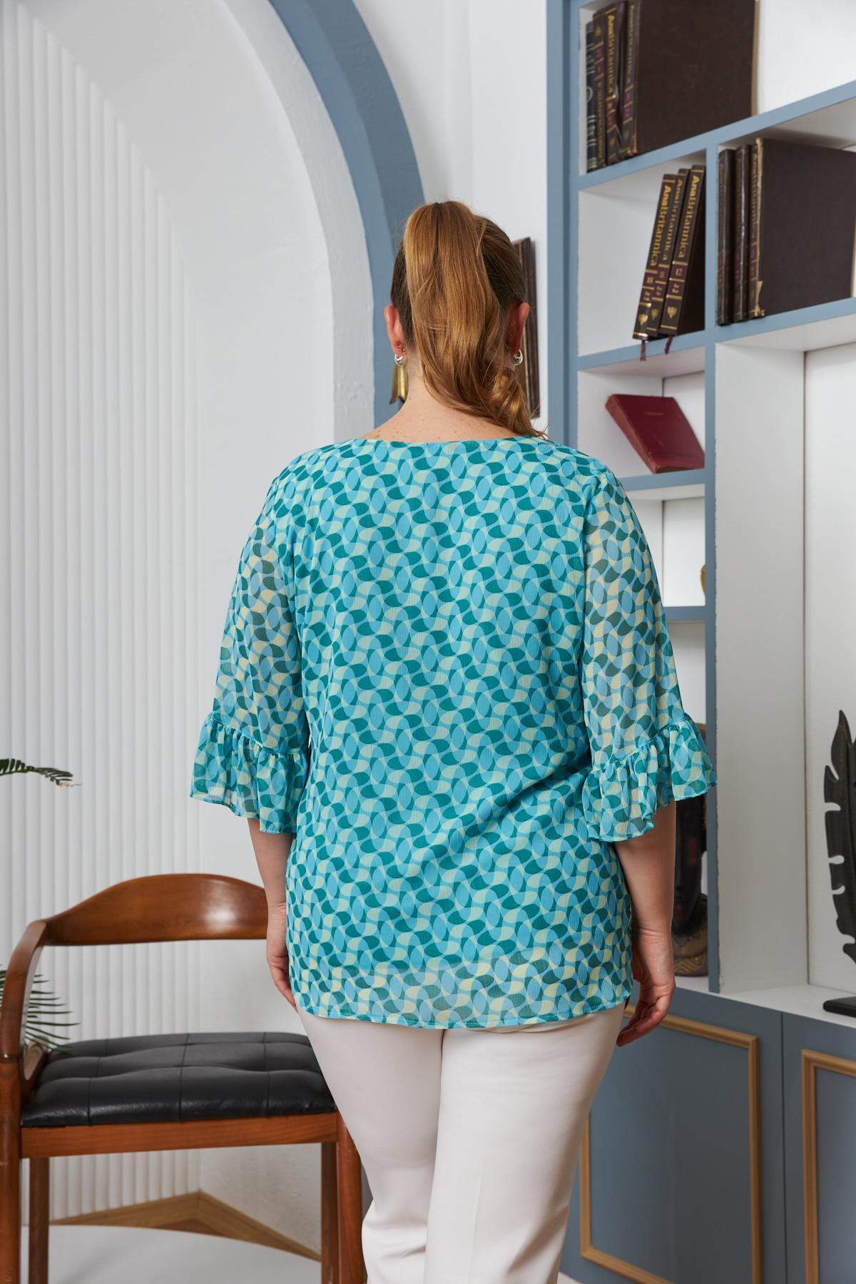 RMG-Large Size Blue Astara Chiffon Blouse - Sleeve Detail 4