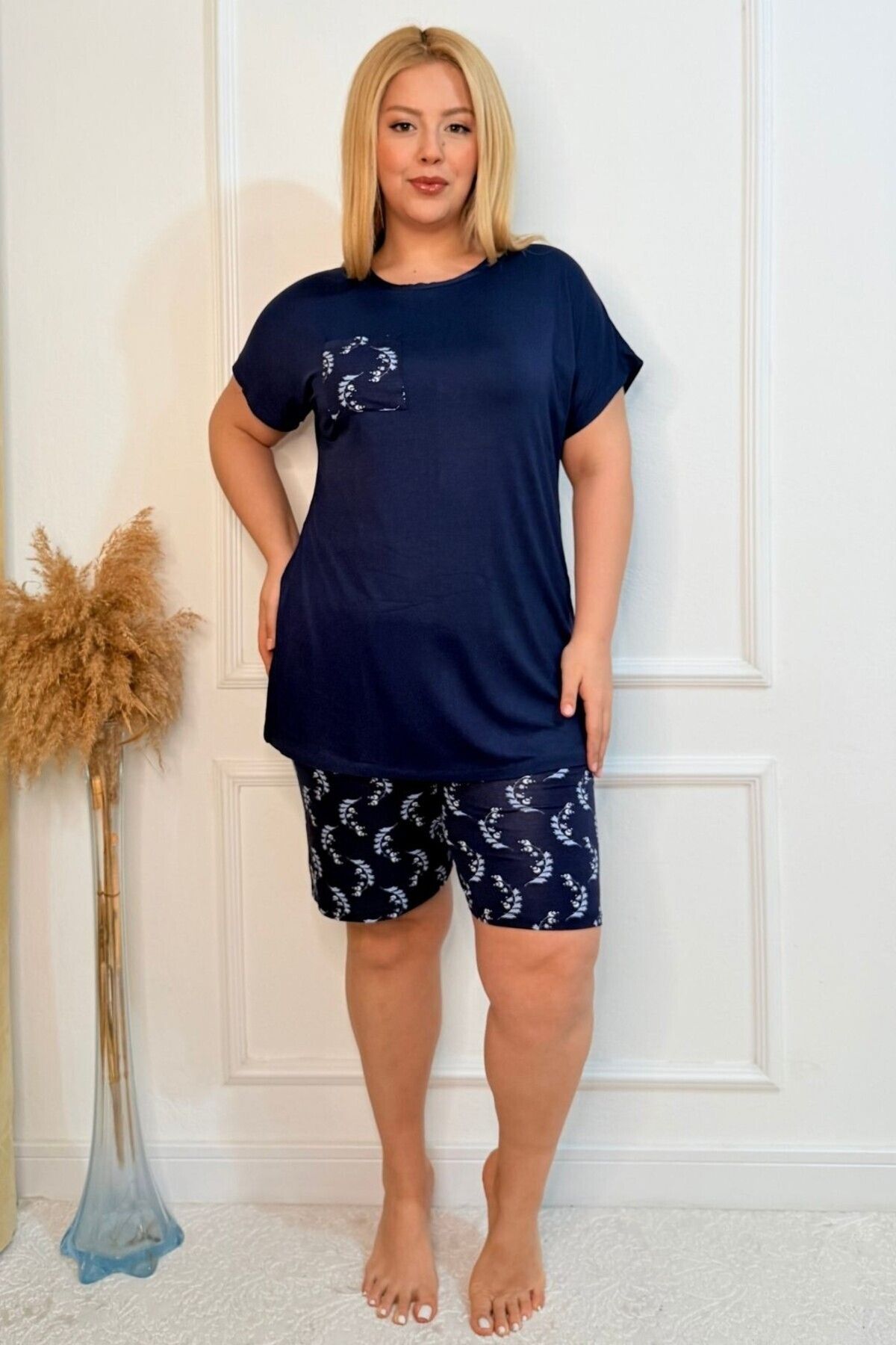 tarzımsüper-Plus Size Comfort Sleepwear Set with Bottom Top Shorts Patterned Double Cotton 2-Piece Bottom-Top Suit 4