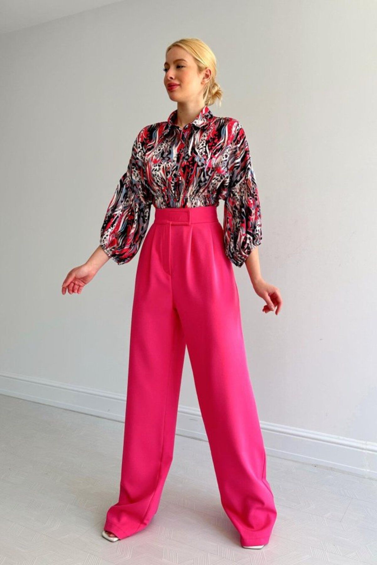 fh fashionhere Beli Lastikli Saten Gömlek - Fuşya