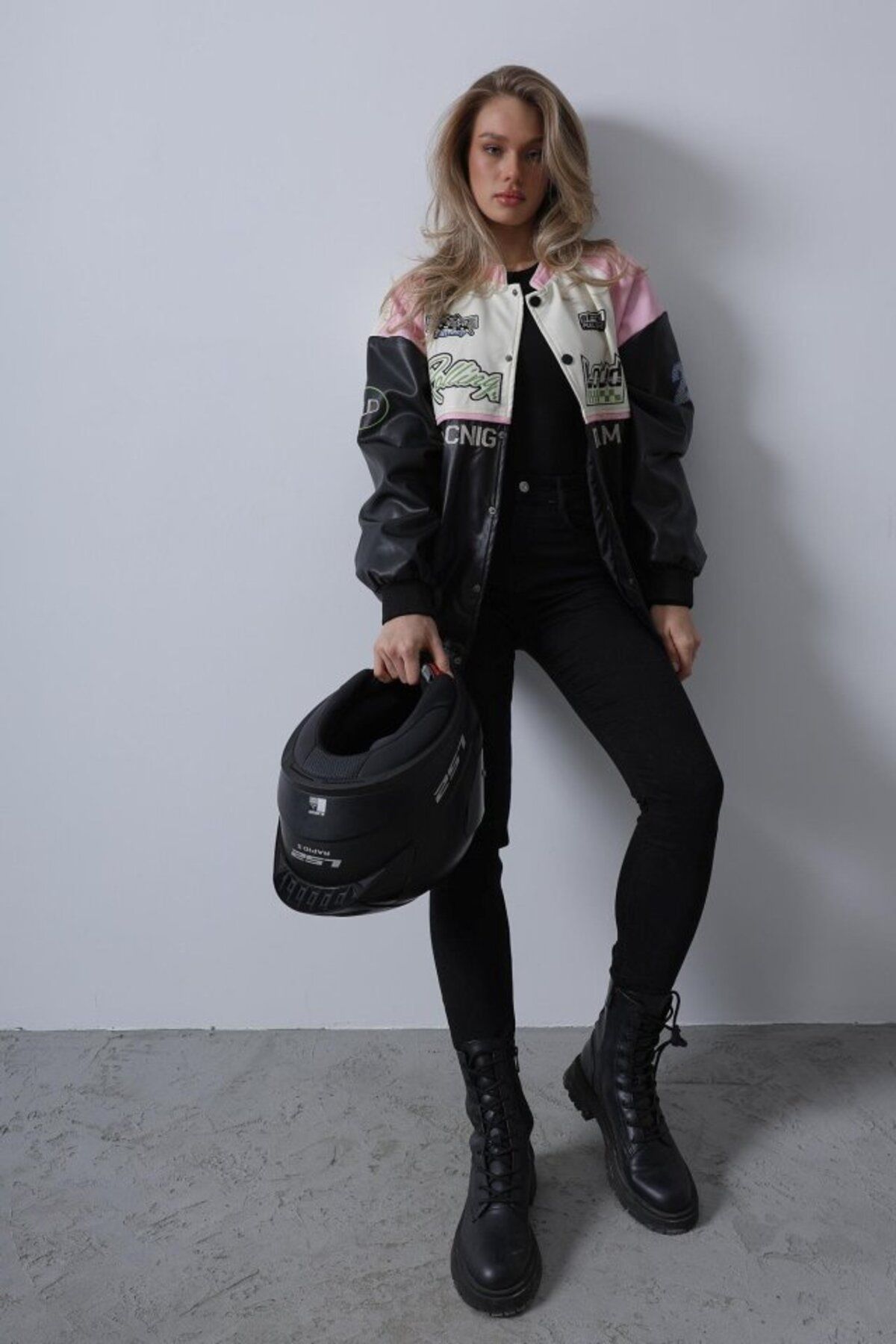 moda wanilia Motorcu Biker Ceket - Siyah-Pembe-Ekru