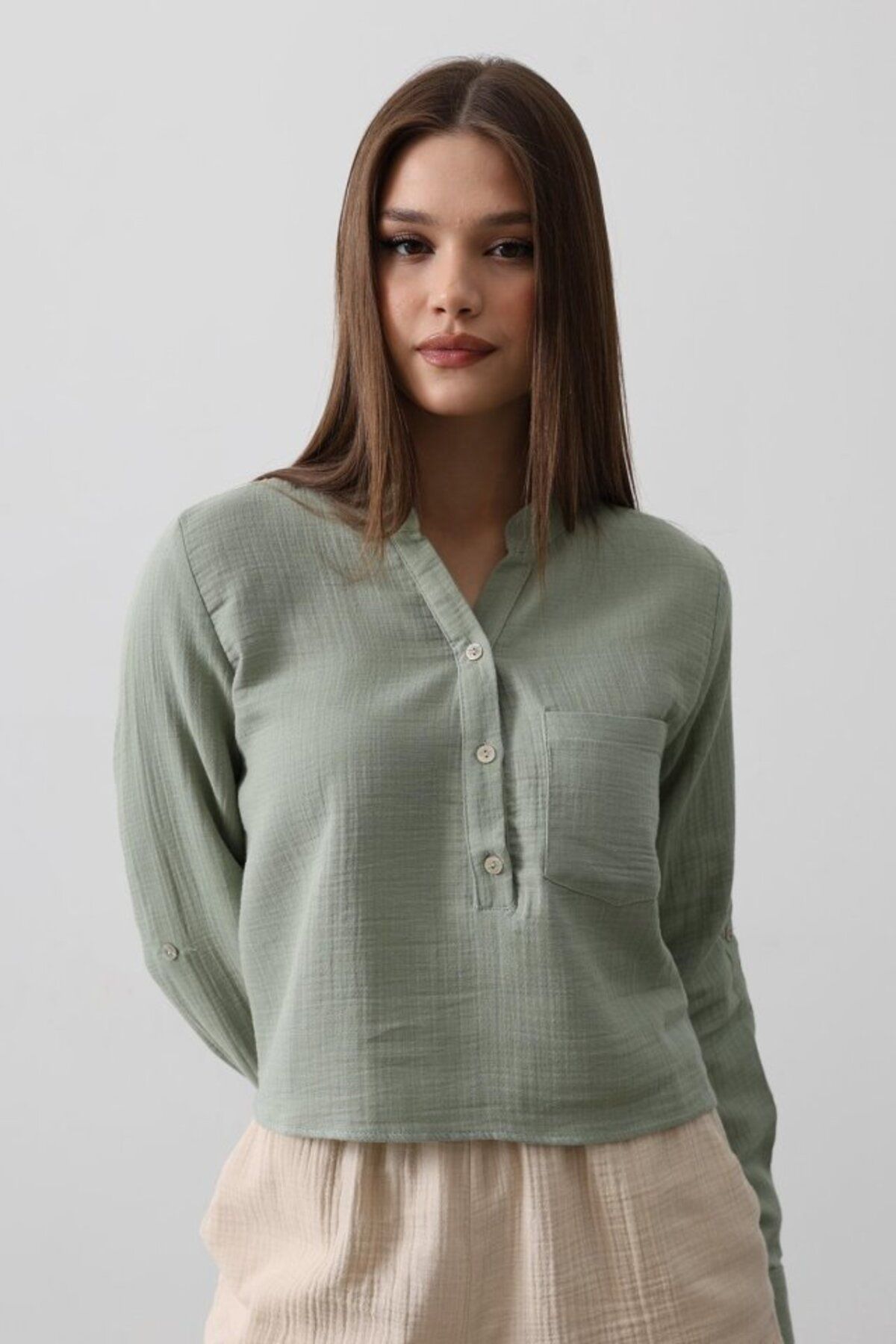 TUA MODA-Tua Moda Judge Collar Blouse with Pockets - Khaki 3