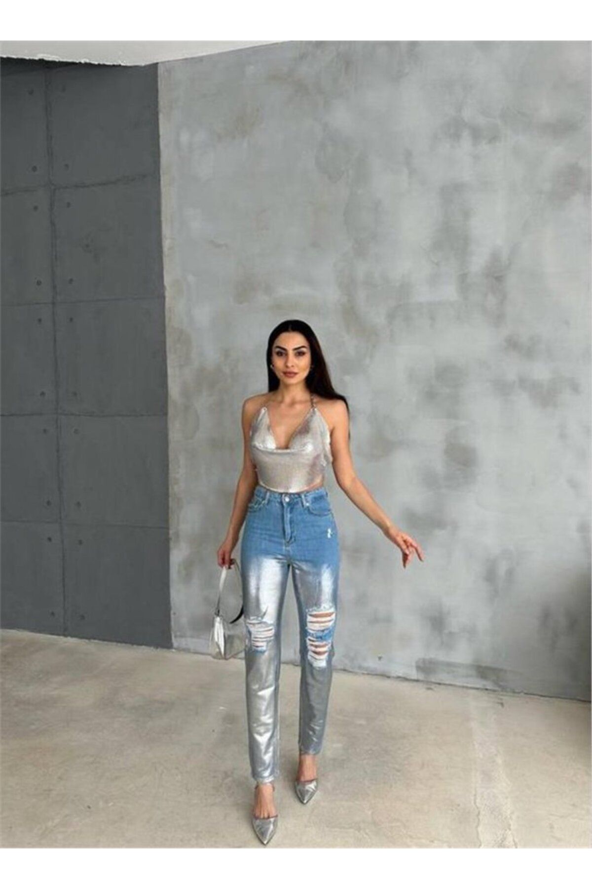 MHT STORE DİZ YIRTIK VARAKLI MOM KOT PANTOLON - Gümüş