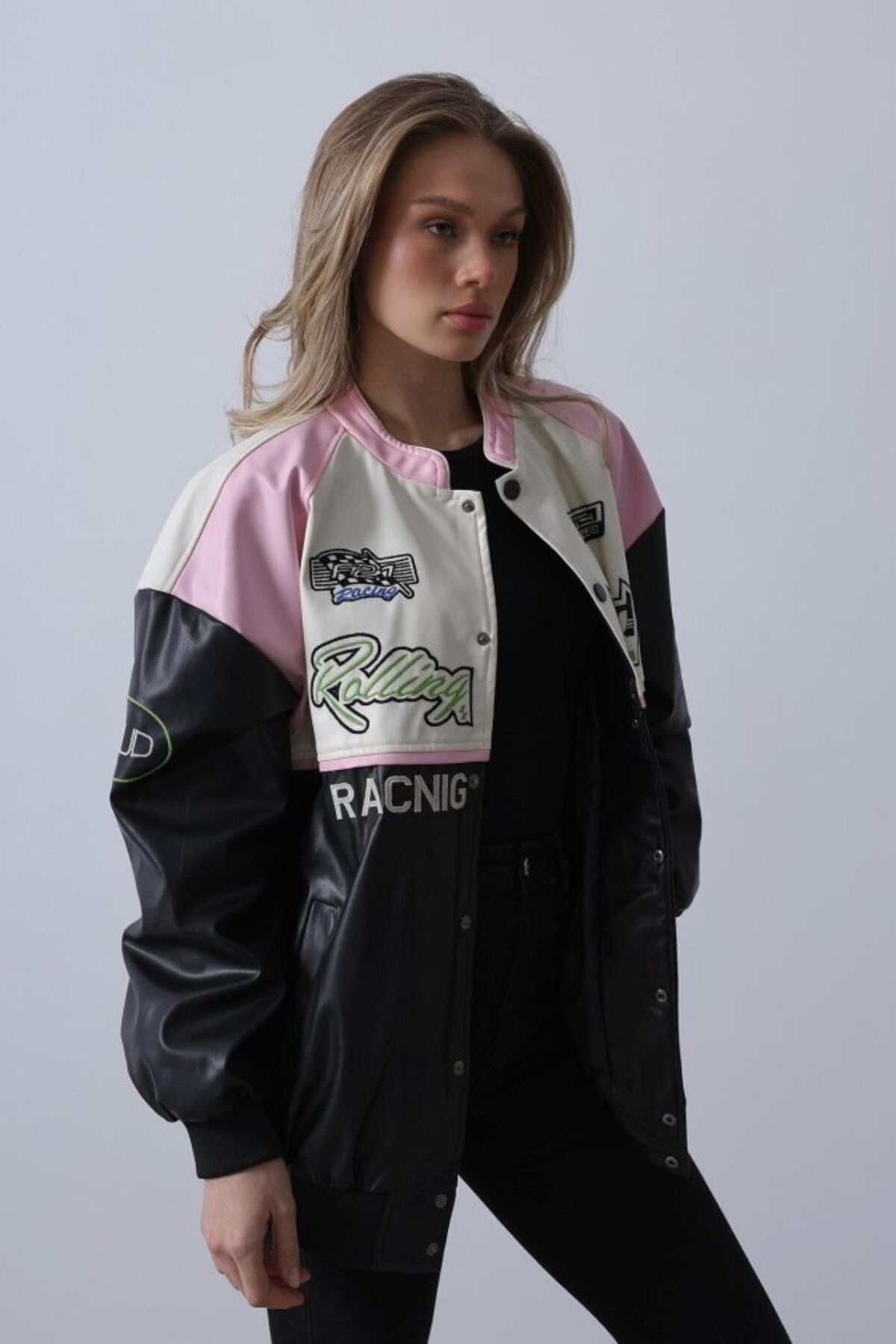 Albayrak Motorcu Biker Ceket - Siyah-Pembe-Ekru