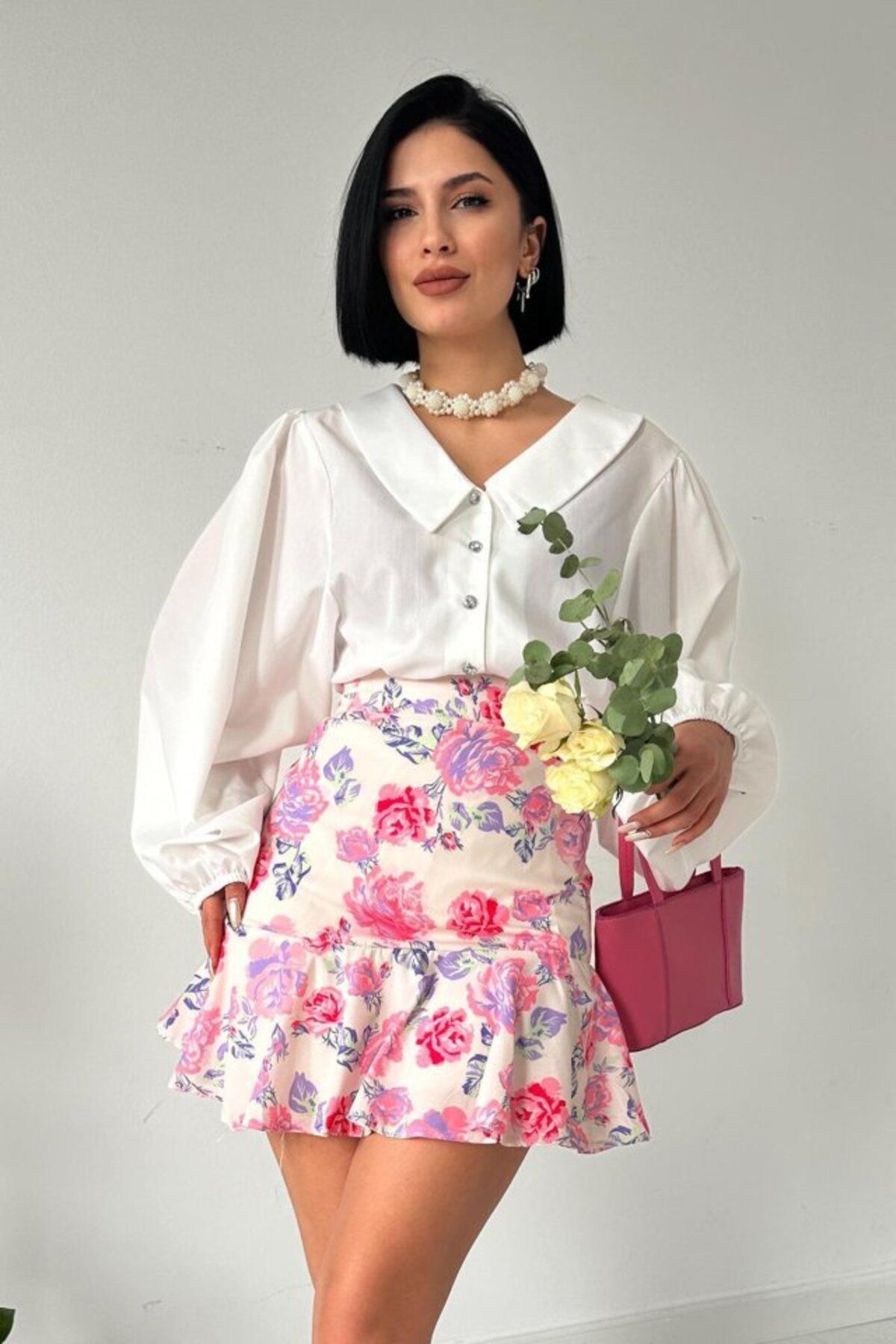 1001moda Pembe Çiçekli Etek