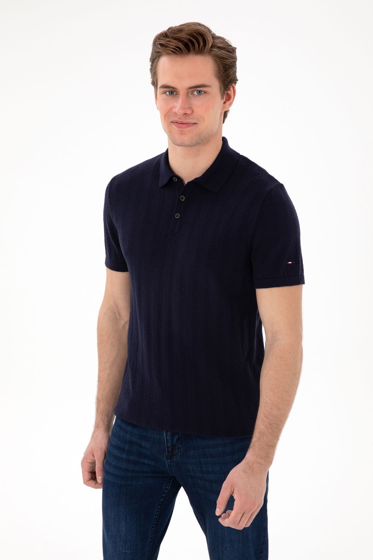 تی شرت بافتنی مردانه با یقه پولو سرمه ای 50306474-vr033 U.S. Polo Assn.