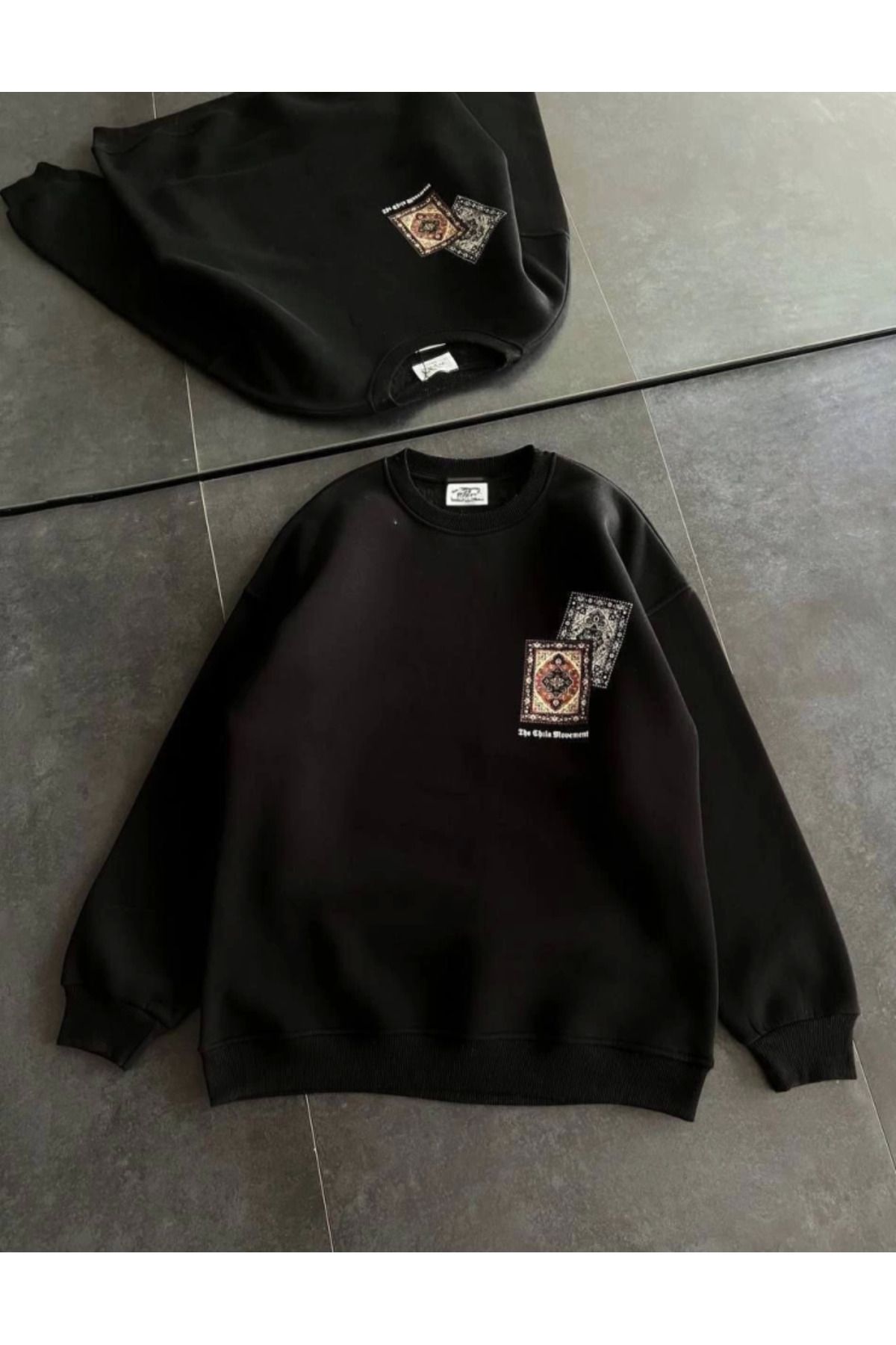 GE TİCARET Bisiklet Yaka Baskılı SweatShirt - Siyah