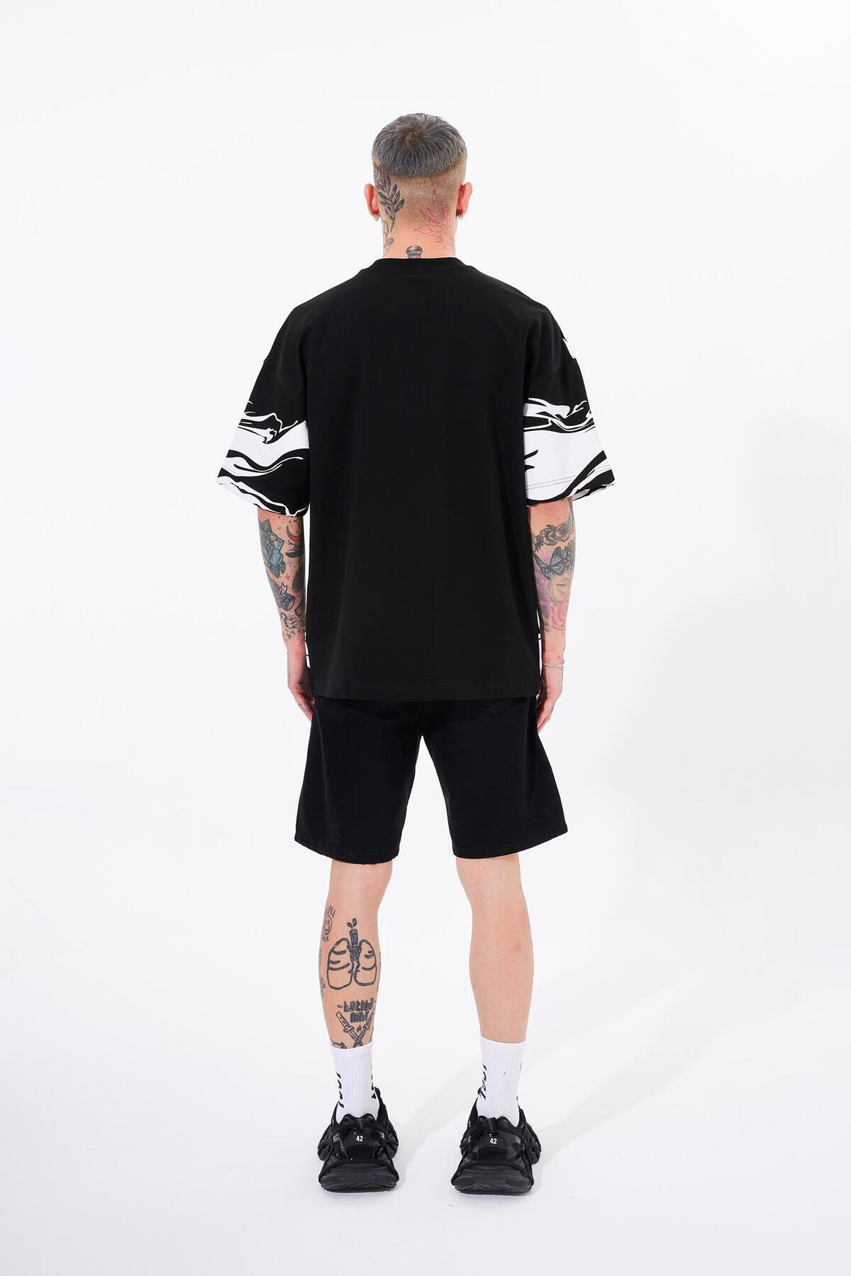 Machinist  Erkek Kol Baskılı Oversize Siyah Tişört - Görsel 5