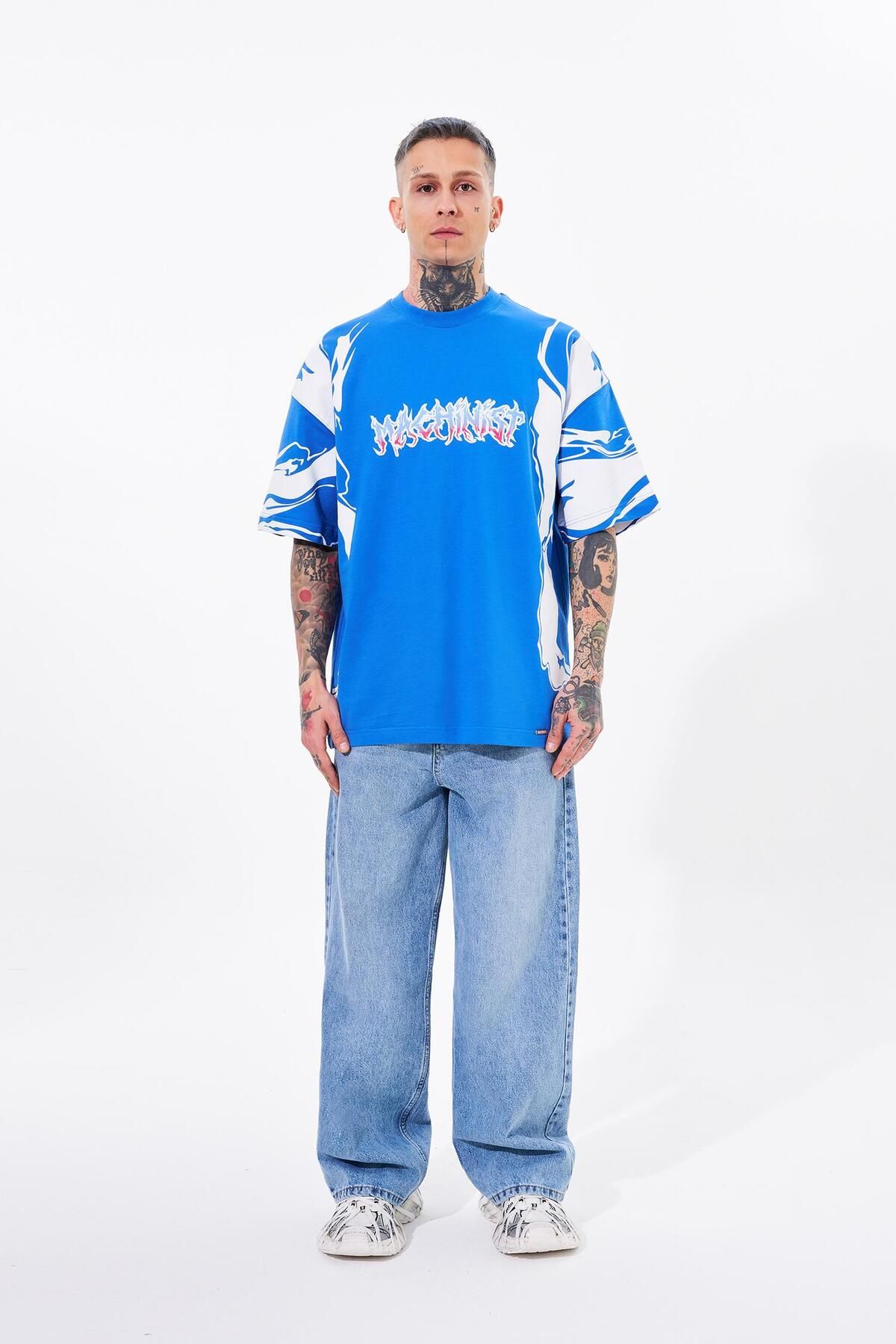 Machinist-Men's Sleeve Printed Oversize Light Blue T-Shirt 4