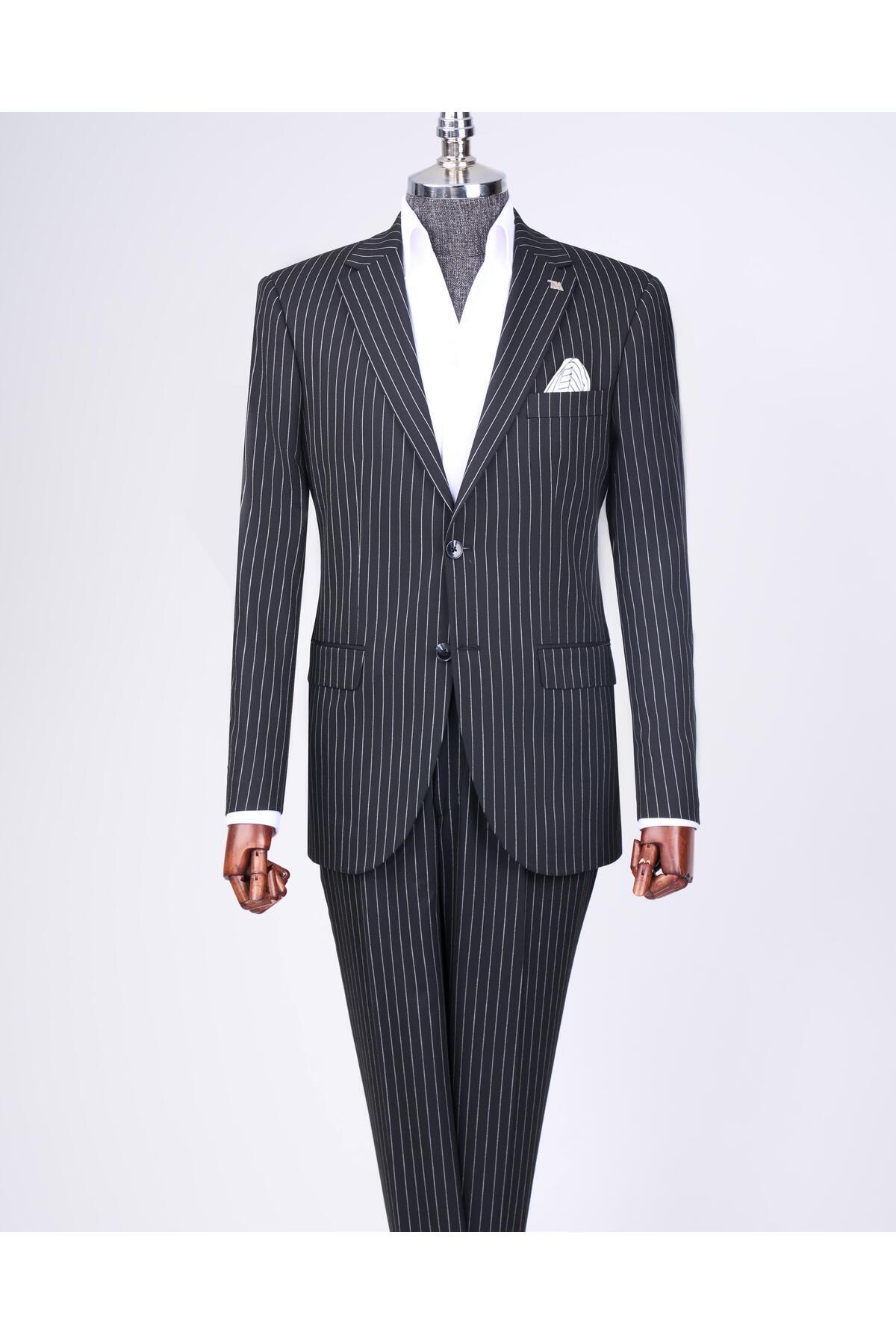 TerziAdemAltun İtalyan stil slim fit çizgili ceket pantolon takım elbise siyah T11931 görsel 6