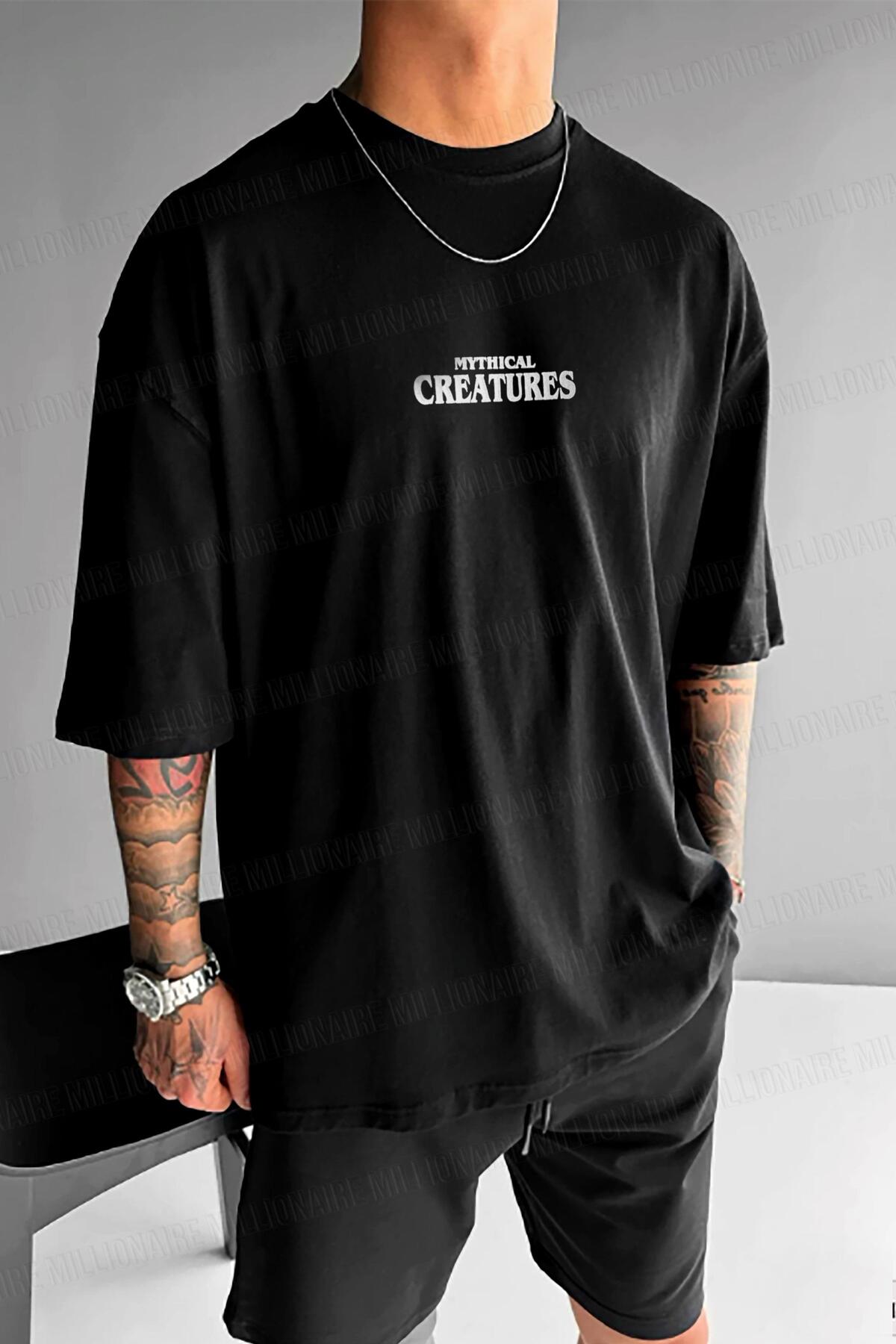 Millionaire  Erkek Siyah Creatures Oversize Fit Bol Geniş Kalıp Salaş Kesim T-shirt - Görsel 3