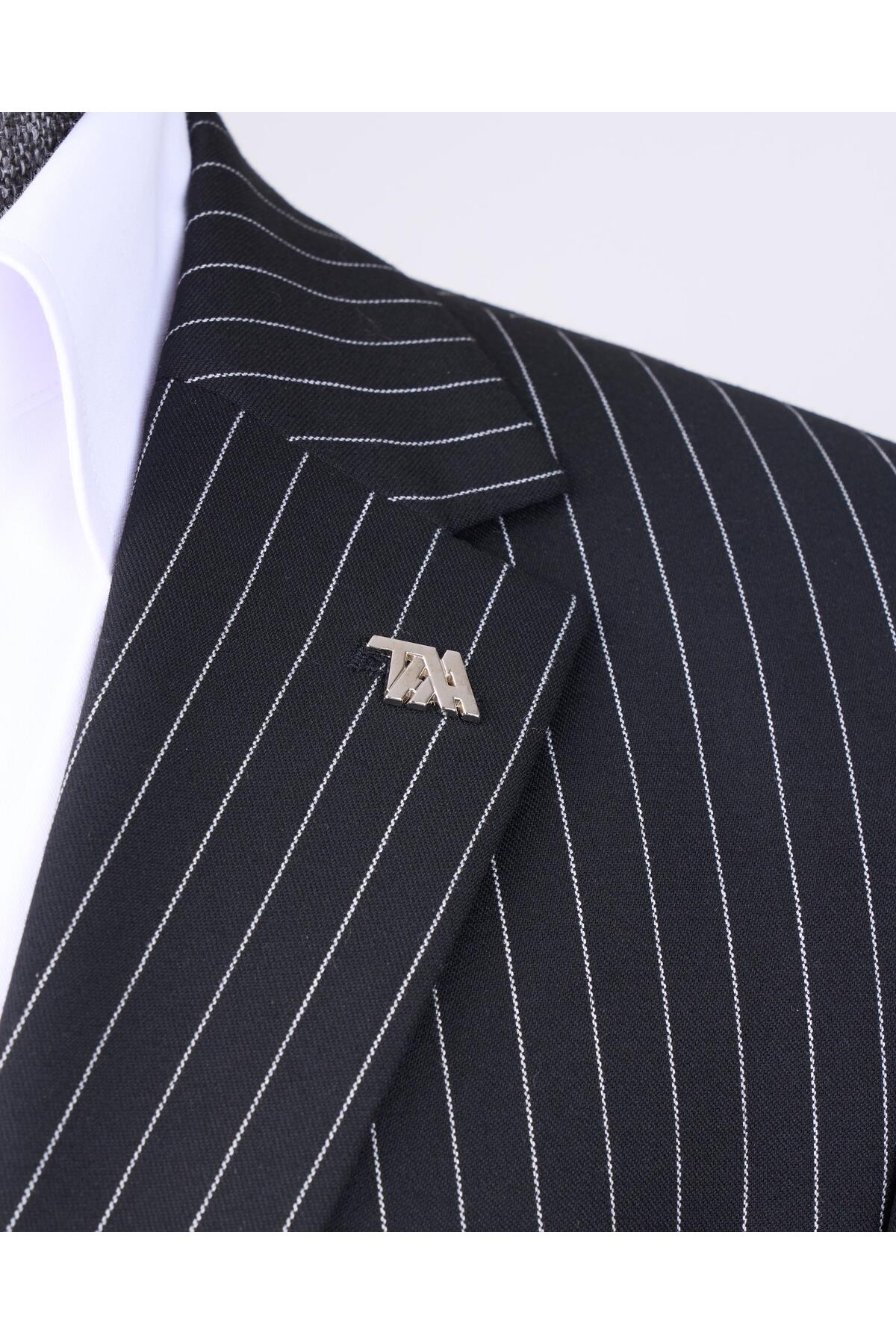 TerziAdemAltun İtalyan stil slim fit çizgili ceket pantolon takım elbise siyah T11931 görsel 3