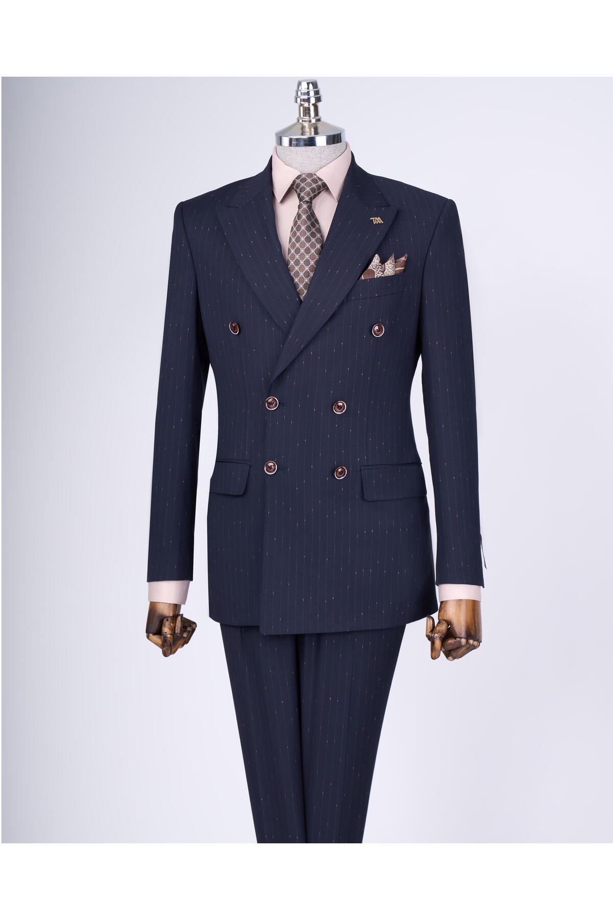 TerziAdemAltun İtalyan stil slim fit çizgili kruvaze ceket pantolon takım elbise lacivert T9501