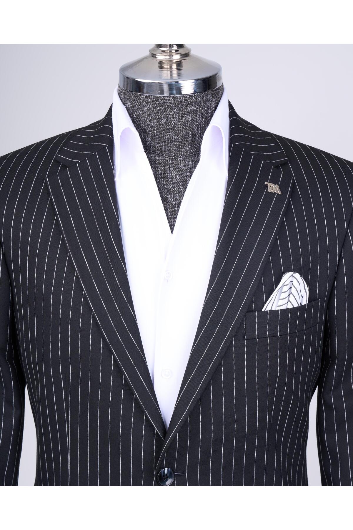 TerziAdemAltun İtalyan stil slim fit çizgili ceket pantolon takım elbise siyah T11931 görsel 2