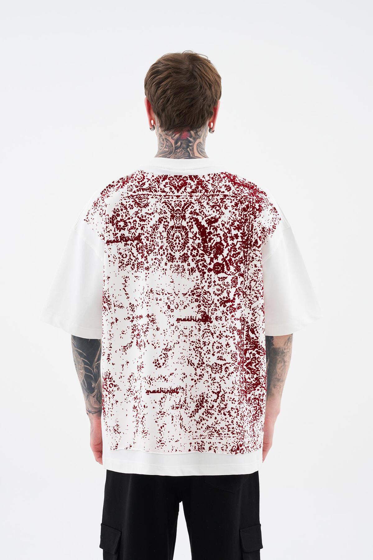 Machinist-Men's Rug Pattern Flock Printed Oversize Ecru T-Shirt 6