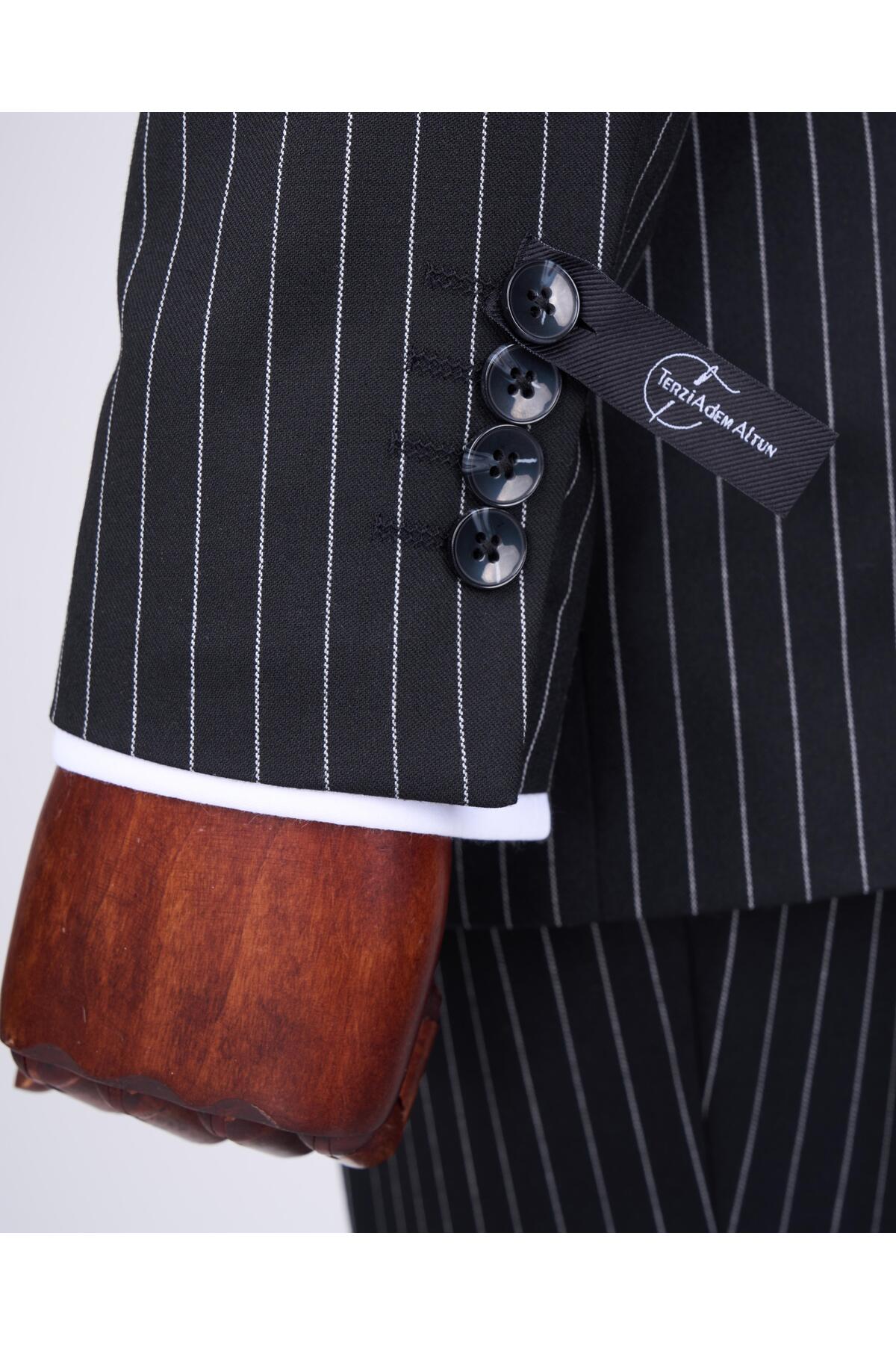 TerziAdemAltun İtalyan stil slim fit çizgili ceket pantolon takım elbise siyah T11931 görsel 4