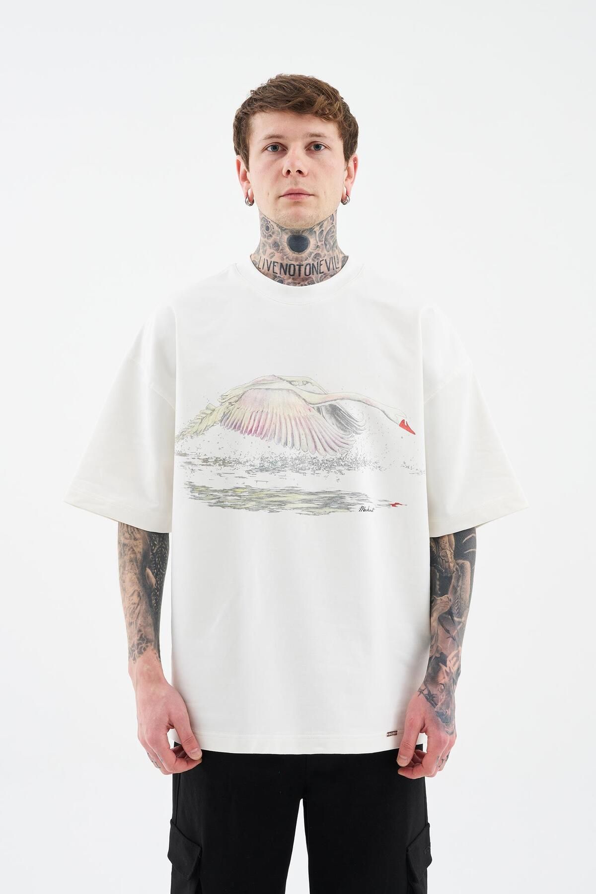 Machinist-Men's Swan Printed Oversize Space Gray T-Shirt 4