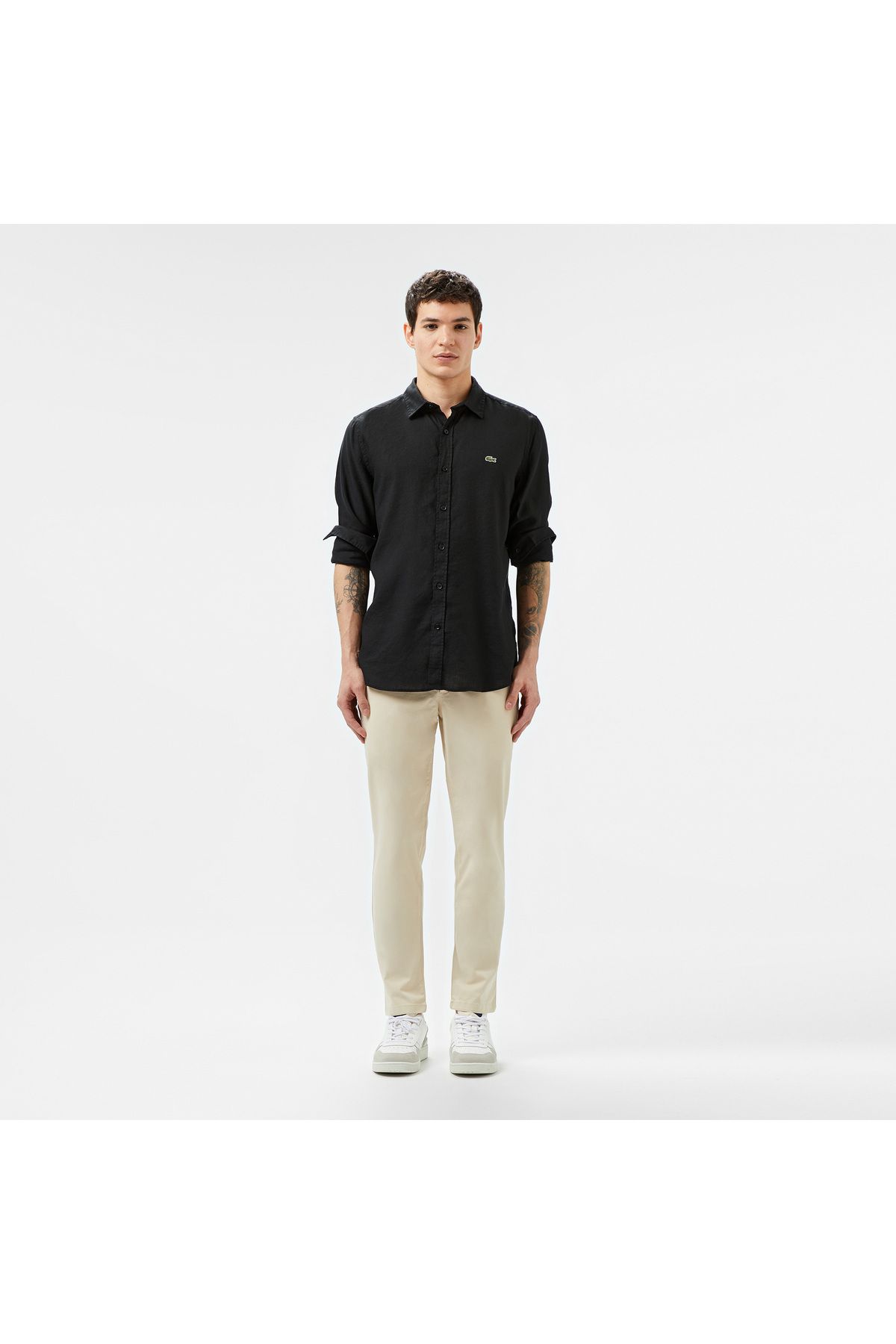 پیراهن / بلوز دکمه دار مشکی مردانه باریک اورجینال Lacoste